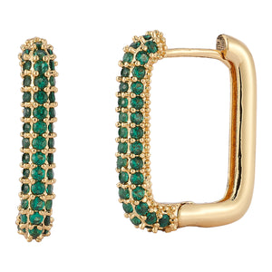 Emerald Crystal and Gold Hoop Earrings on Flat White Background