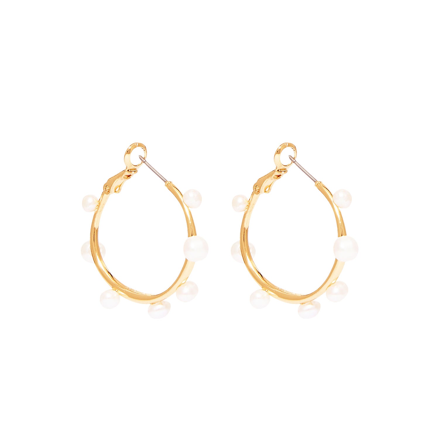 Gold and Multi-Sized White Pearl Hoop Earrings On Flat White Background