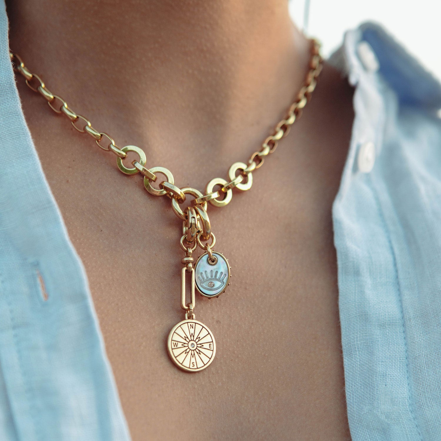 Compass and Evil Eye Charm Necklace on Model