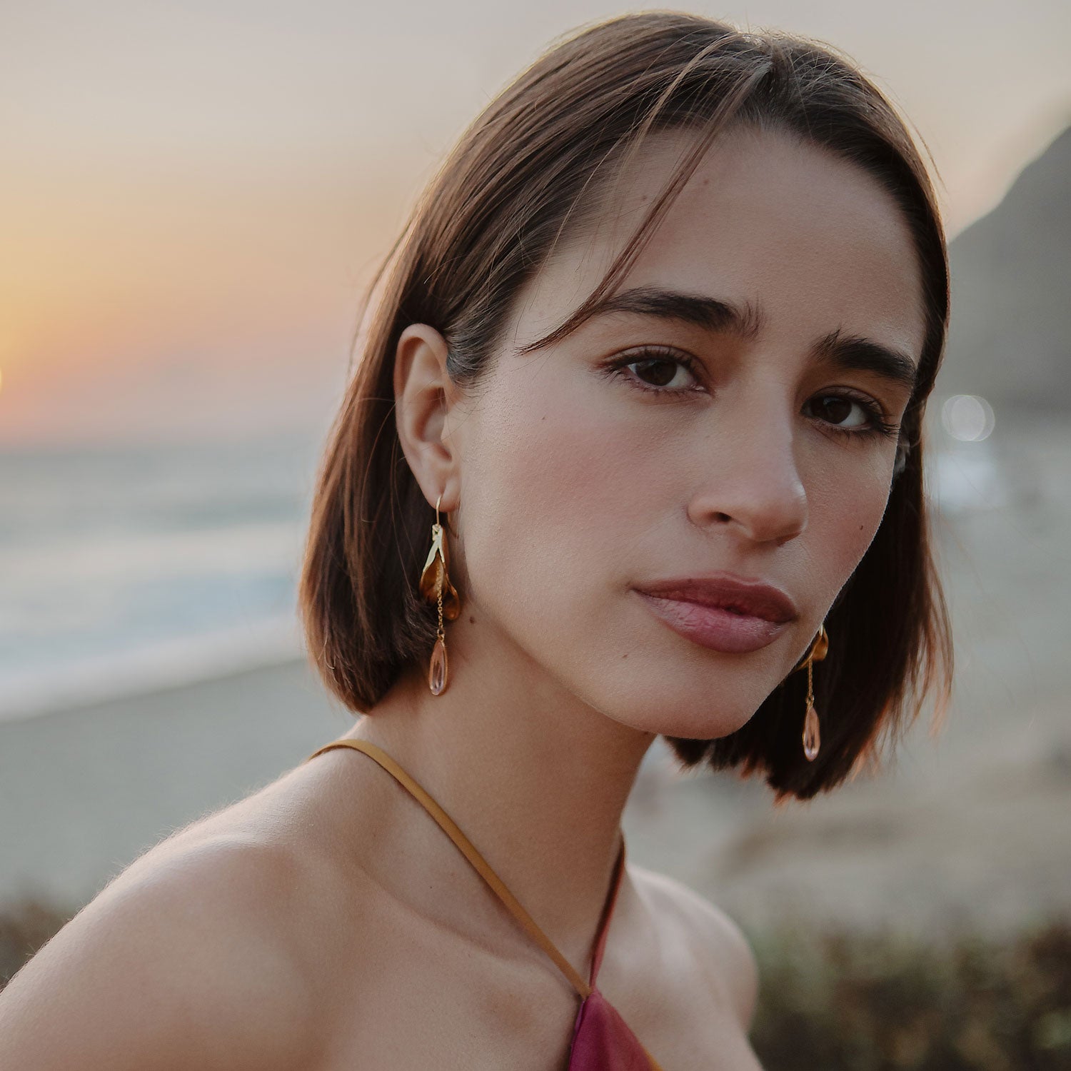Pink Crystal and Gold Drop Earrings Styled on Model