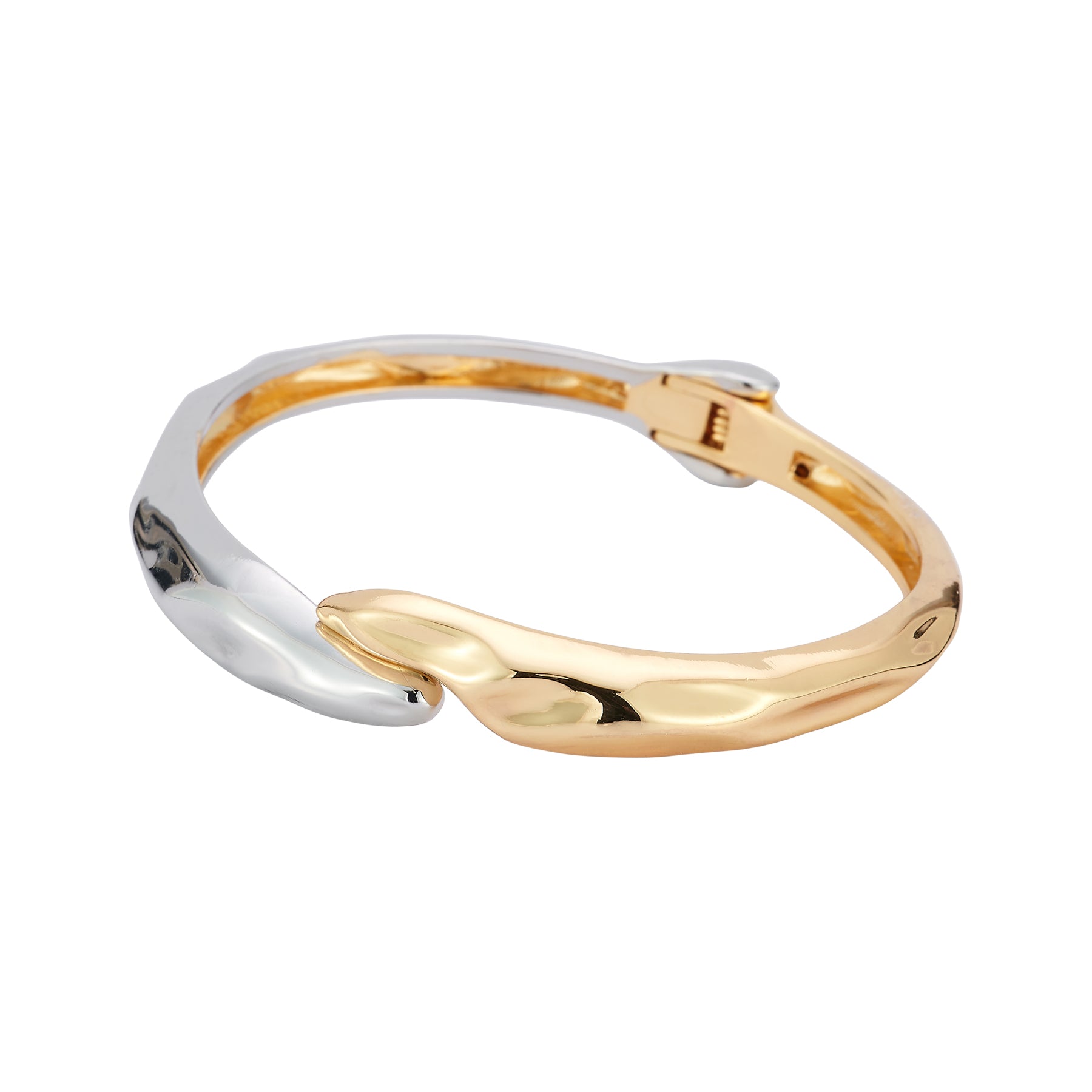 Gold and Silver Cuff Bracelet on Flat White Background