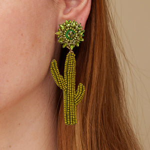 Green Beaded and Crystal Drop Cactus Earrings on Model's Ear