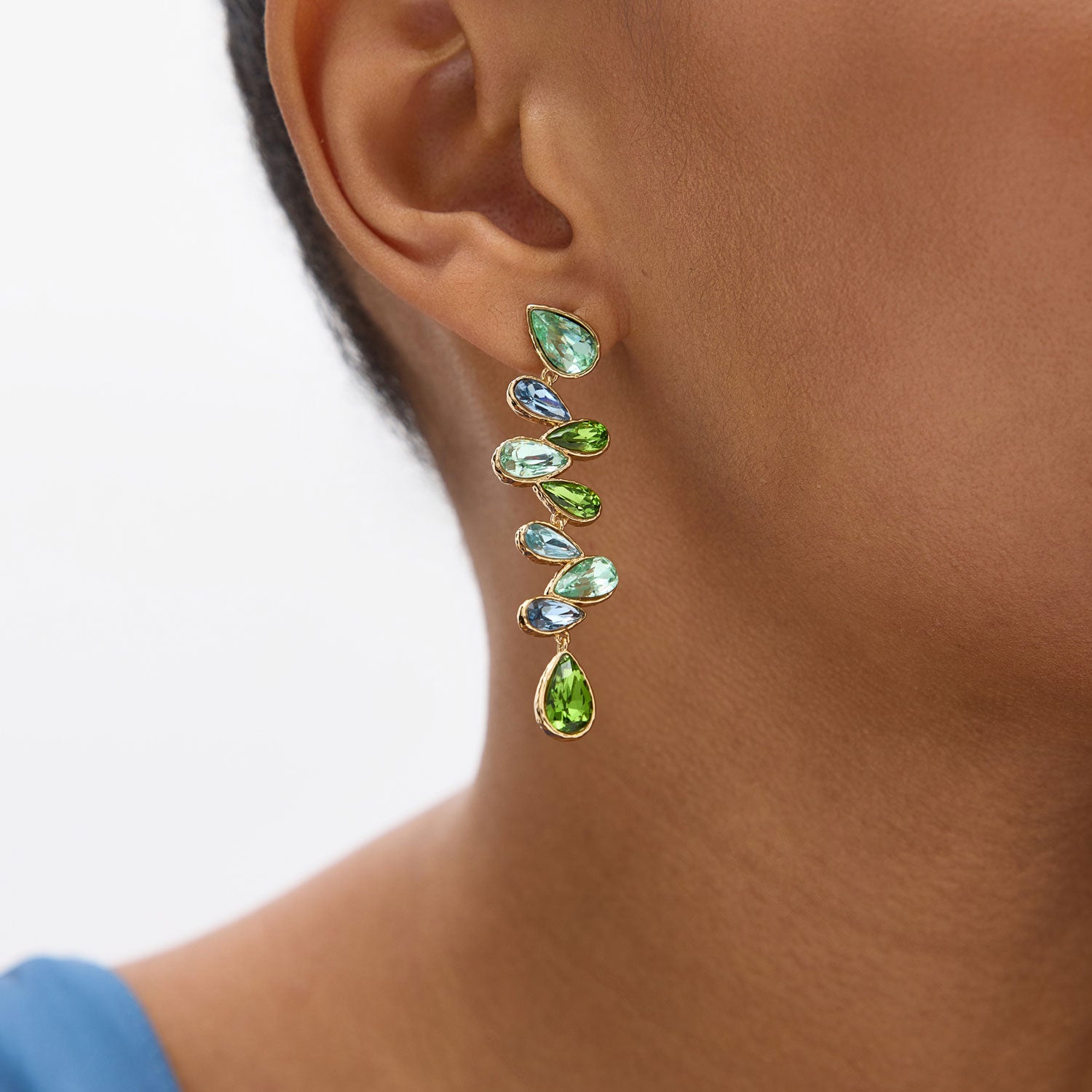 Green and Blue Crystal Statement Earrings Styled on Model
