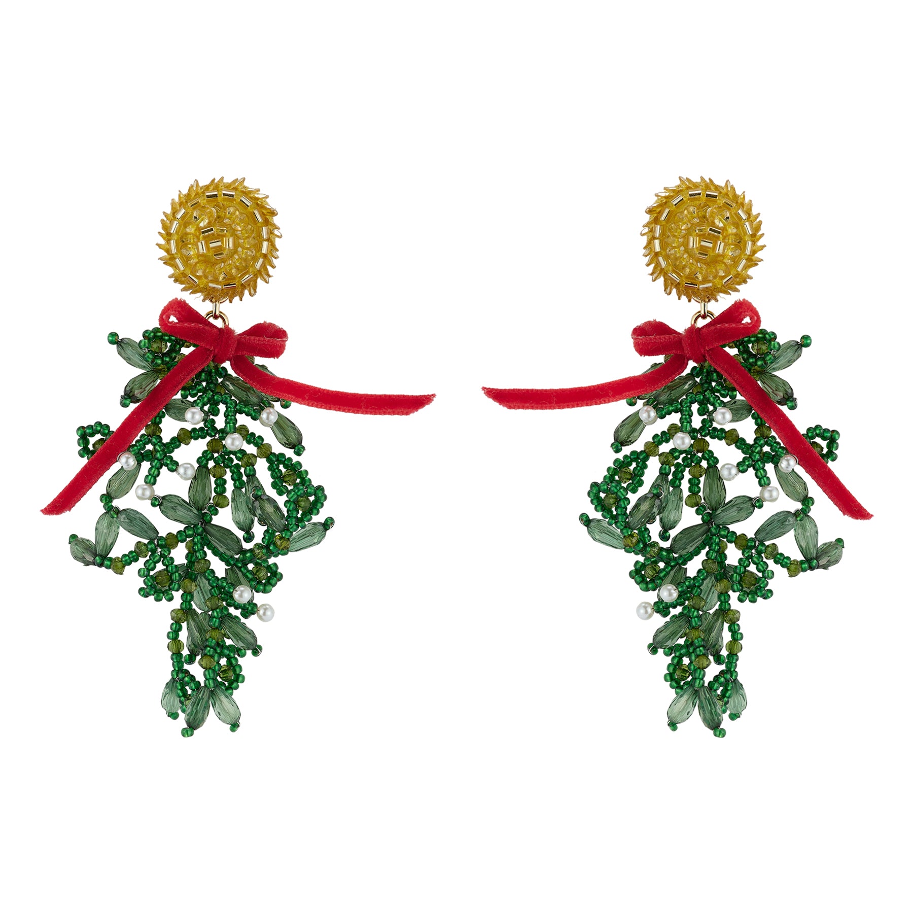 Beaded mistletoe earrings with gold topper and red bow on white background