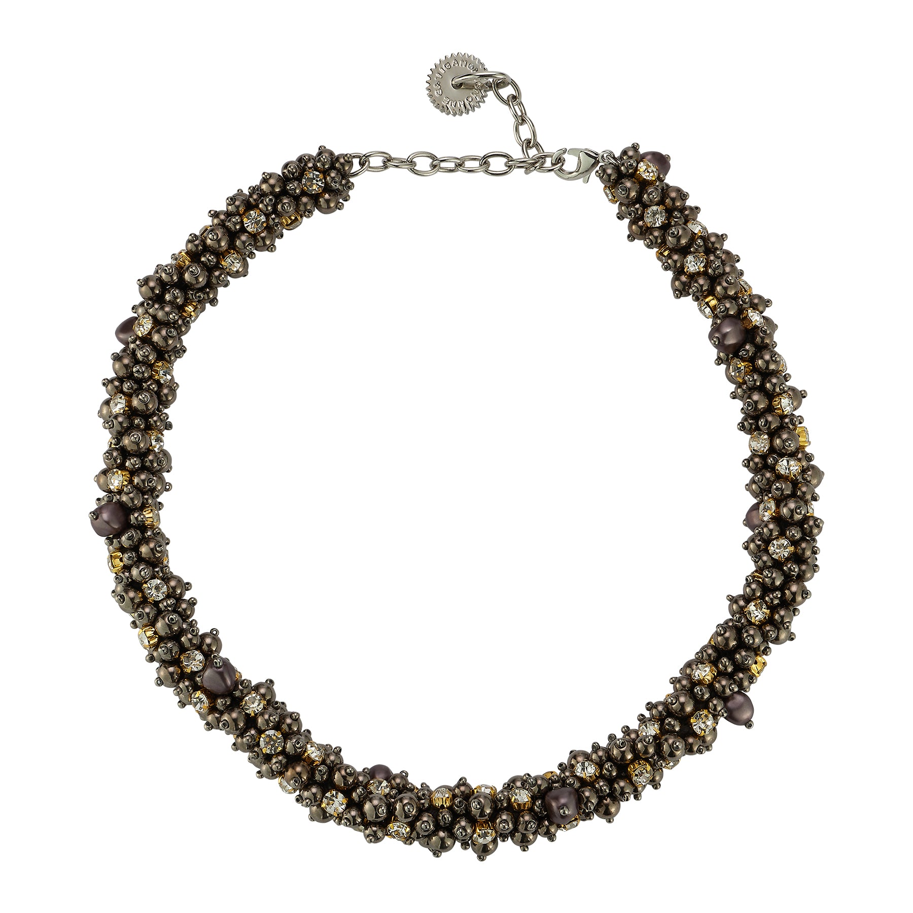 Necklace with dark beads and a silver clasp on a white background