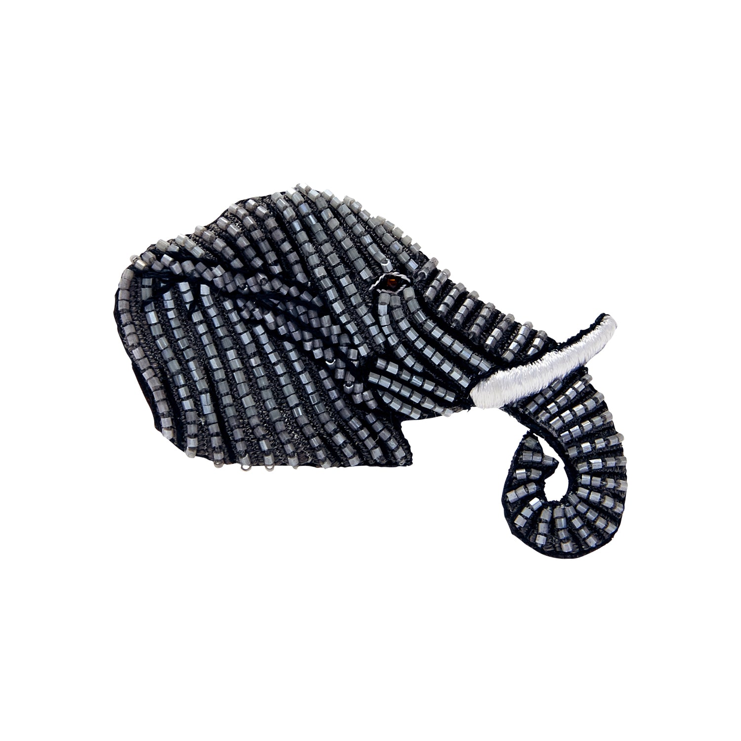 Gray, Black, and White Beaded Elephant Brooch on Flat White Background