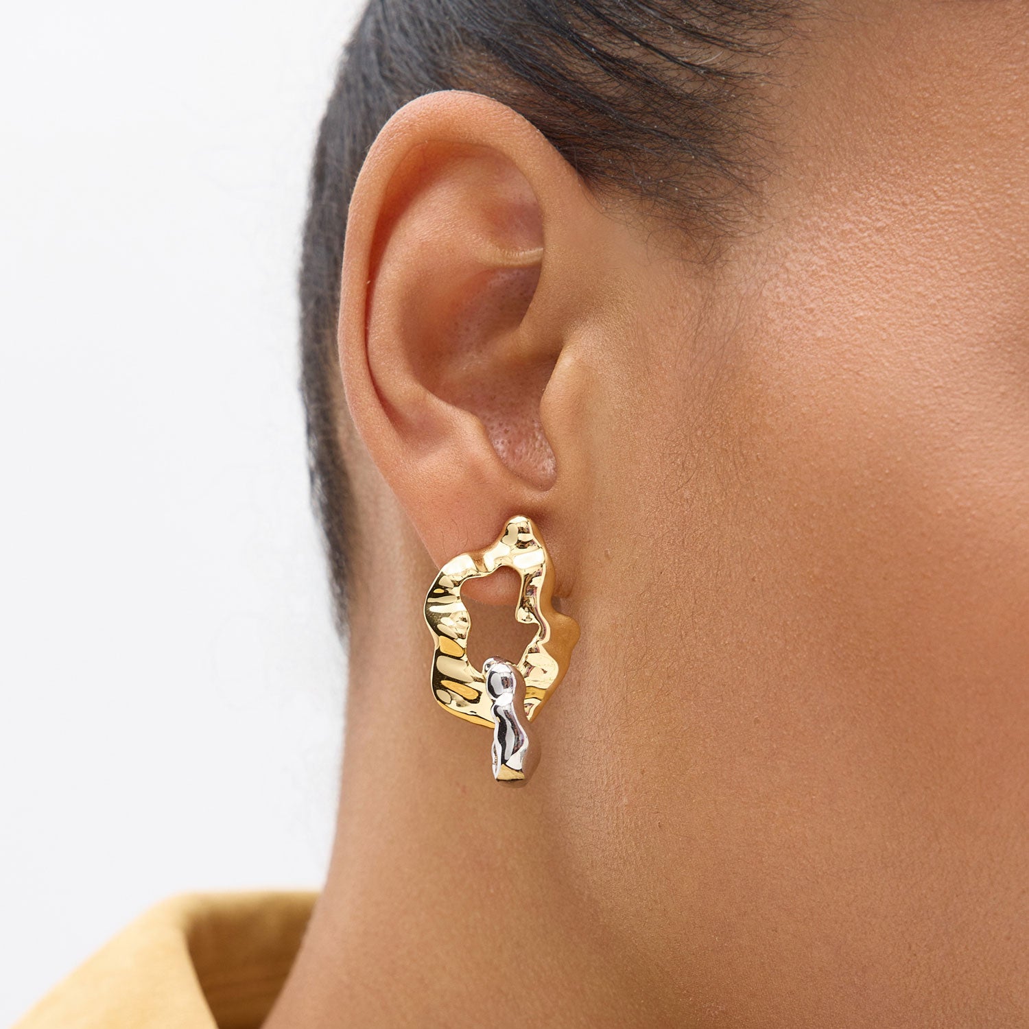 Wavy Gold and Silver Double Drop Earrings Styled on Model