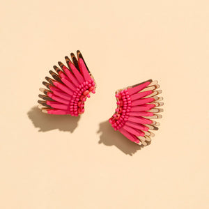 Hot Pink and Metallic Rose Gold Wing Stud Earrings on Flat Cream Background