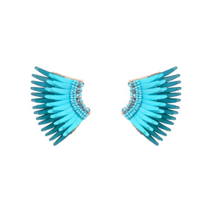 Turquoise and Teal Sequin and Bead Wing Earrings on Flat White Surface