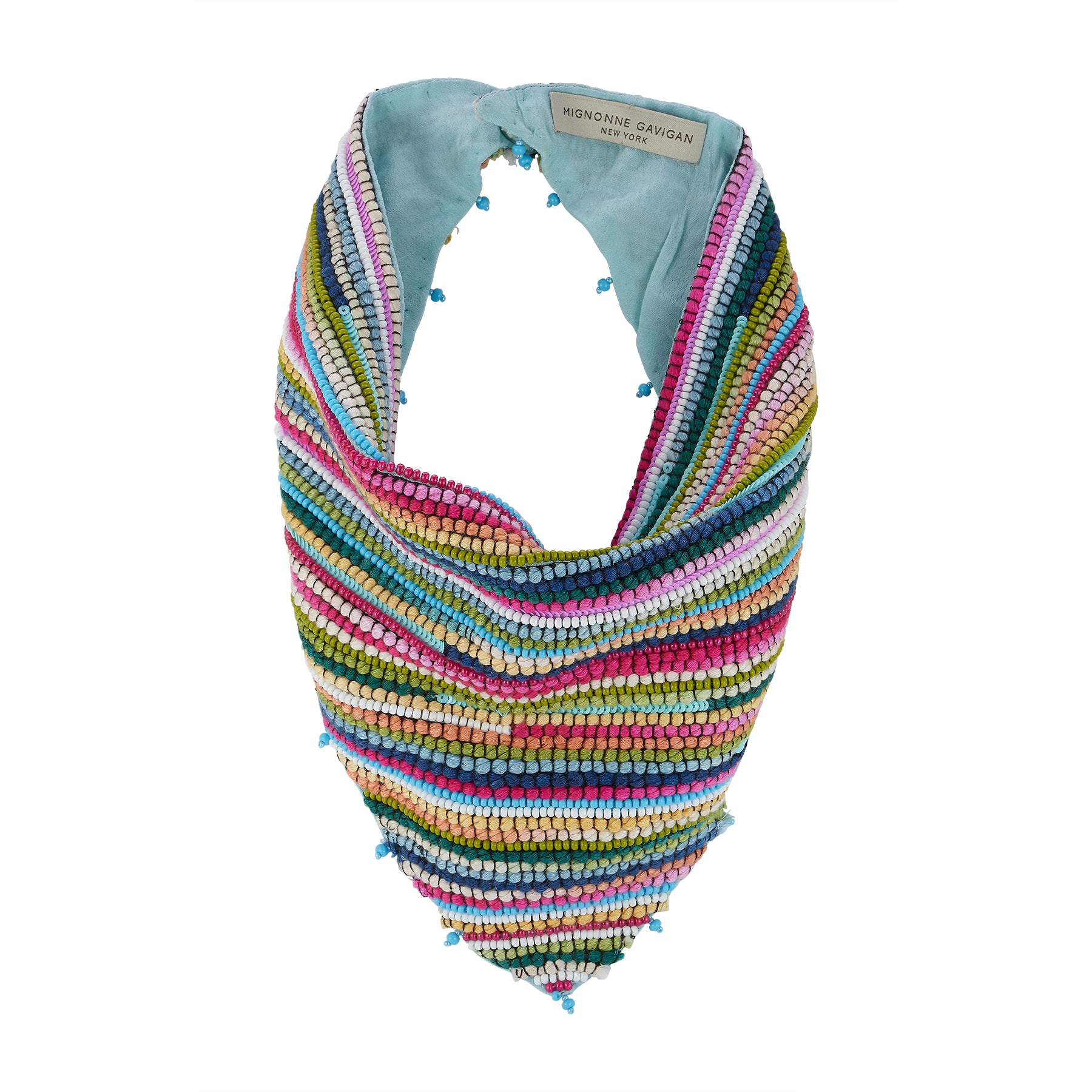 Colorful striped and beaded scarf necklace on white background
