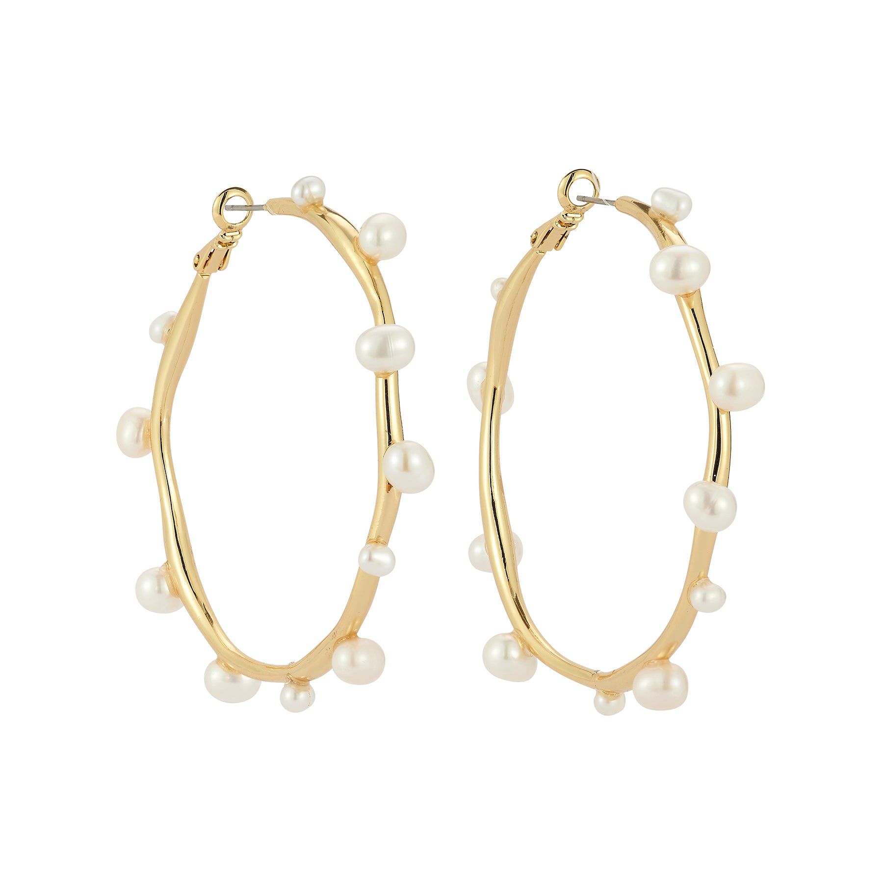 Gold and Pearl Hoop Earrings on White Background