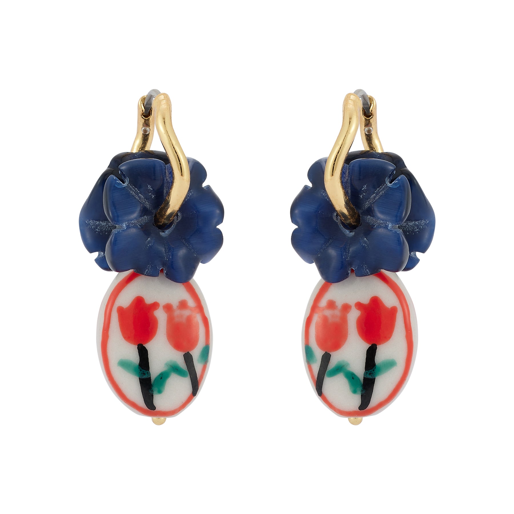 Pair of Earrings with Carved Lapis Flower Charms and Painted Red Tulip Charms on Flat White Background