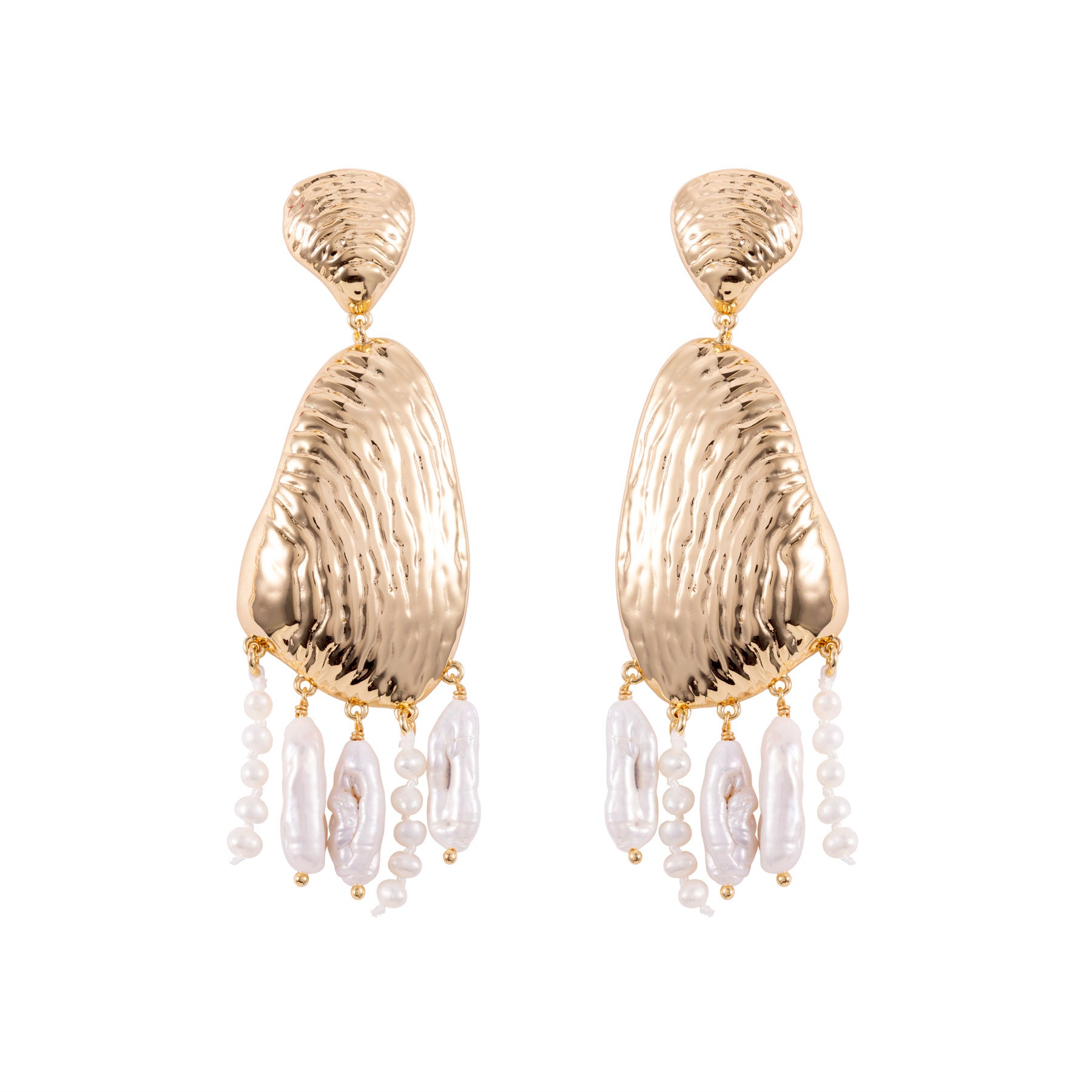 Gold earrings with pearl drops on a white background