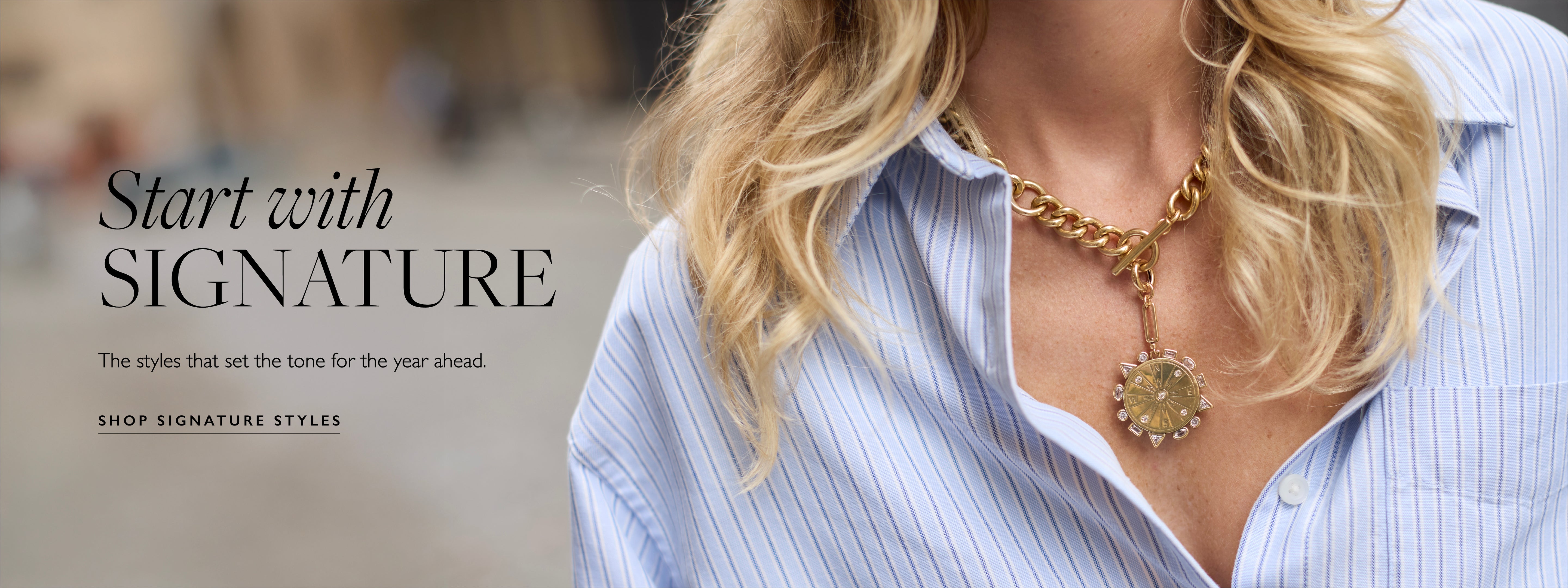 Woman wearing a gold necklace with a blurred background and text overlay.