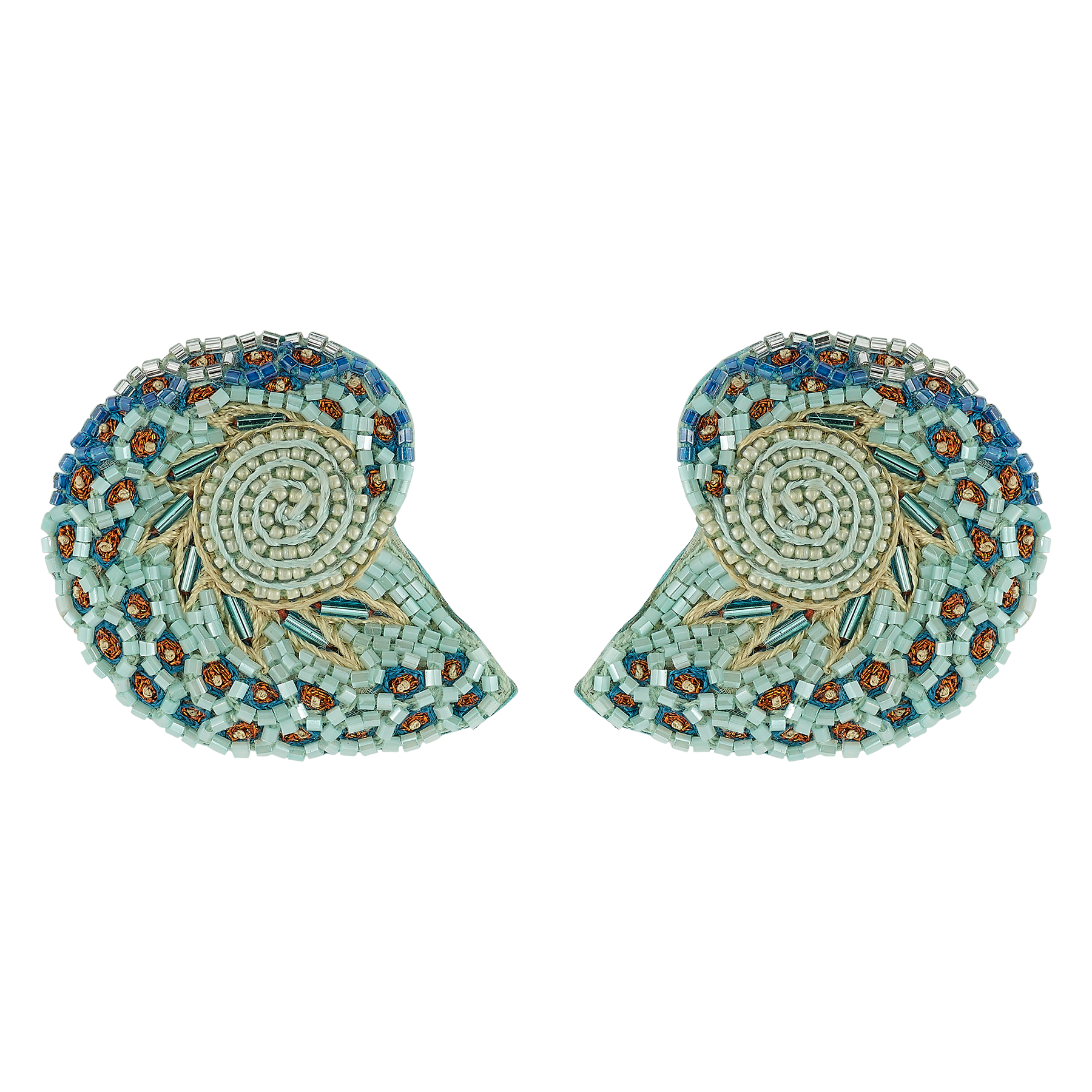 Pair of shell-shaped earrings with mosaic design on a white background