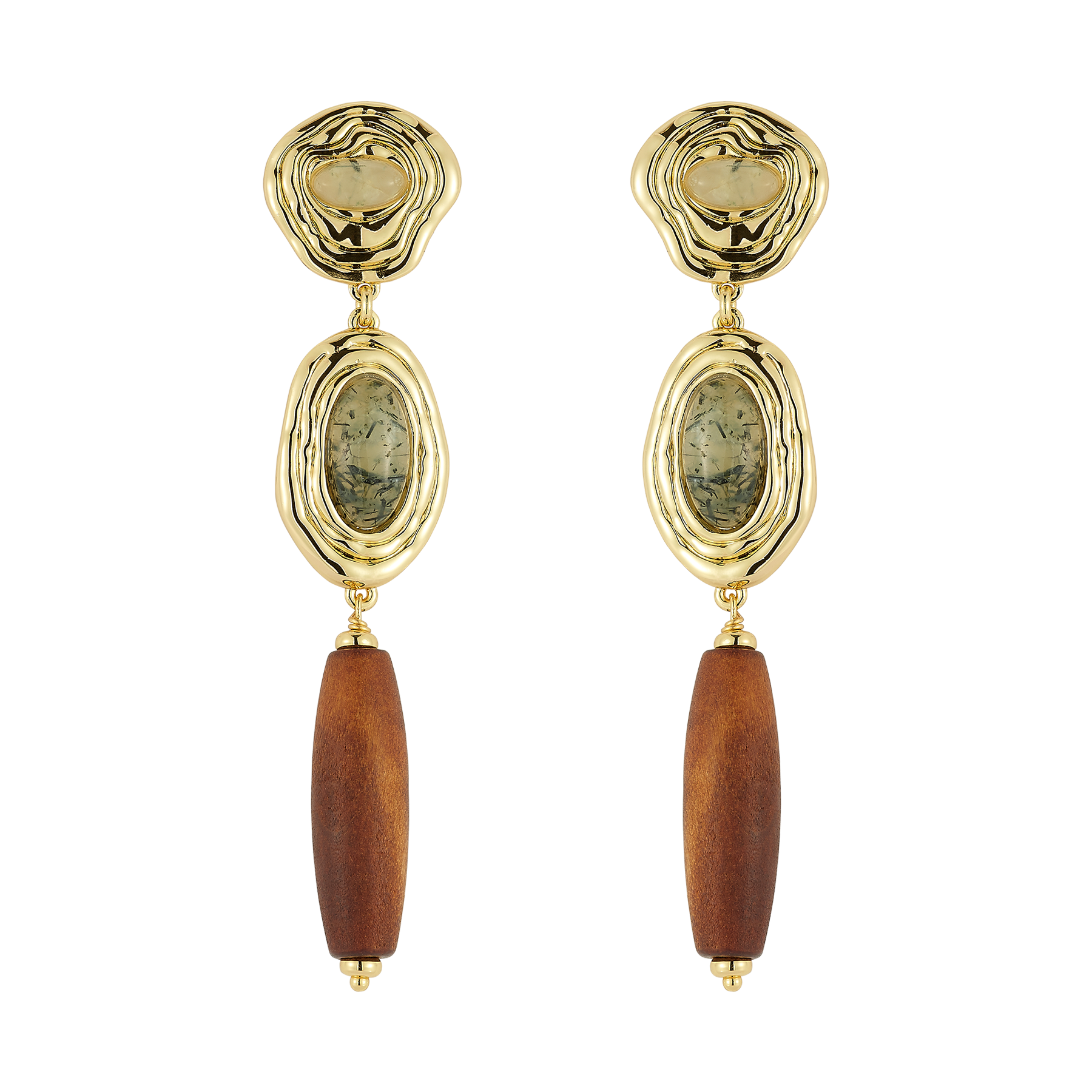 Pair of gold and wooden earrings on a white background