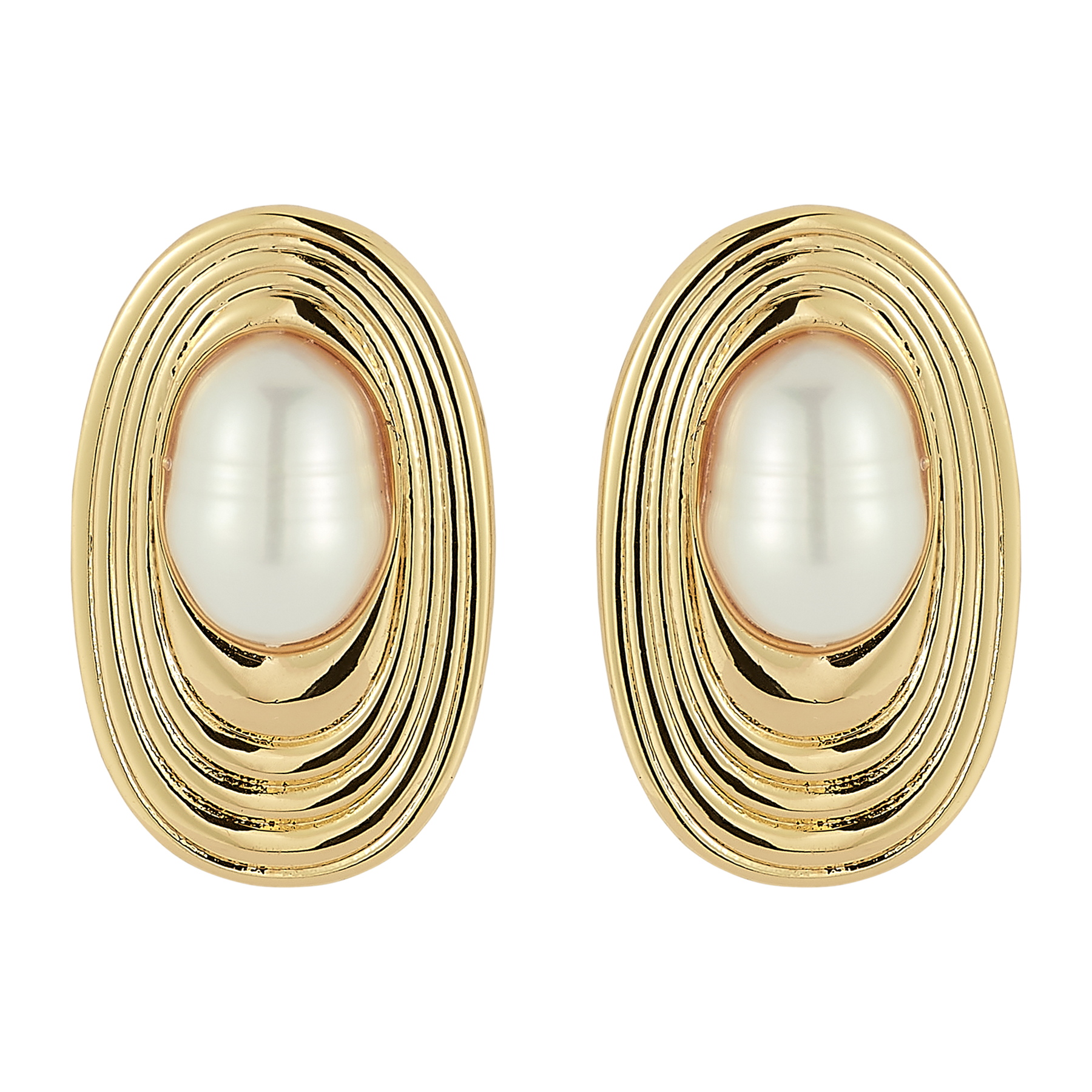 Pair of gold earrings with pearl centers on a white background