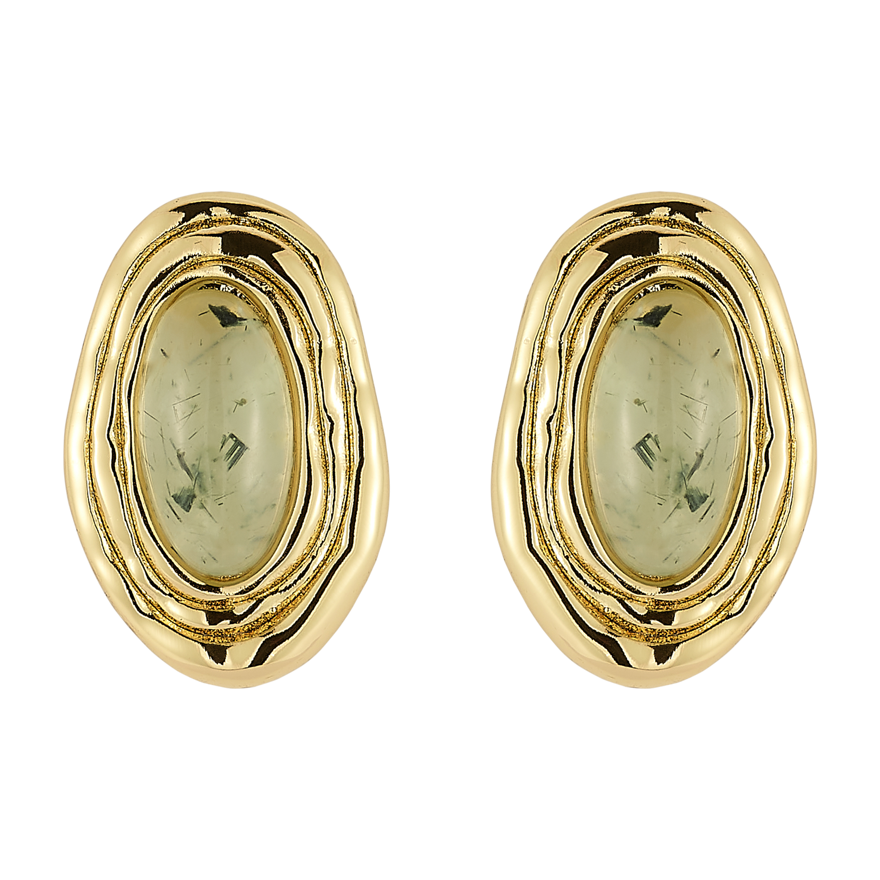 Gold earrings with green gemstones on a white background