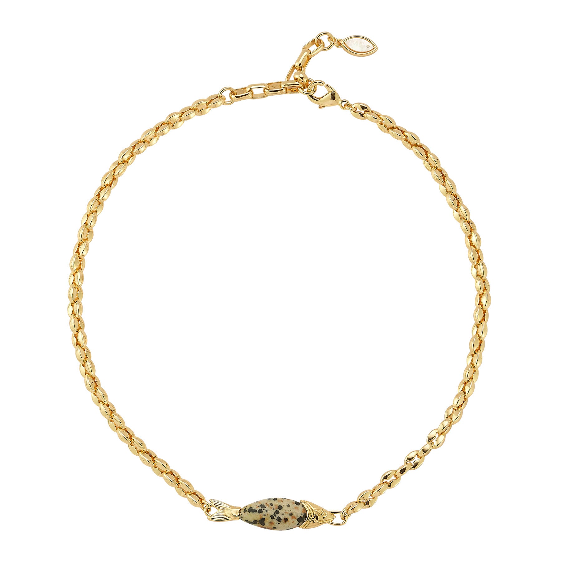 Gold chain bracelet with a small decorative element on a white background