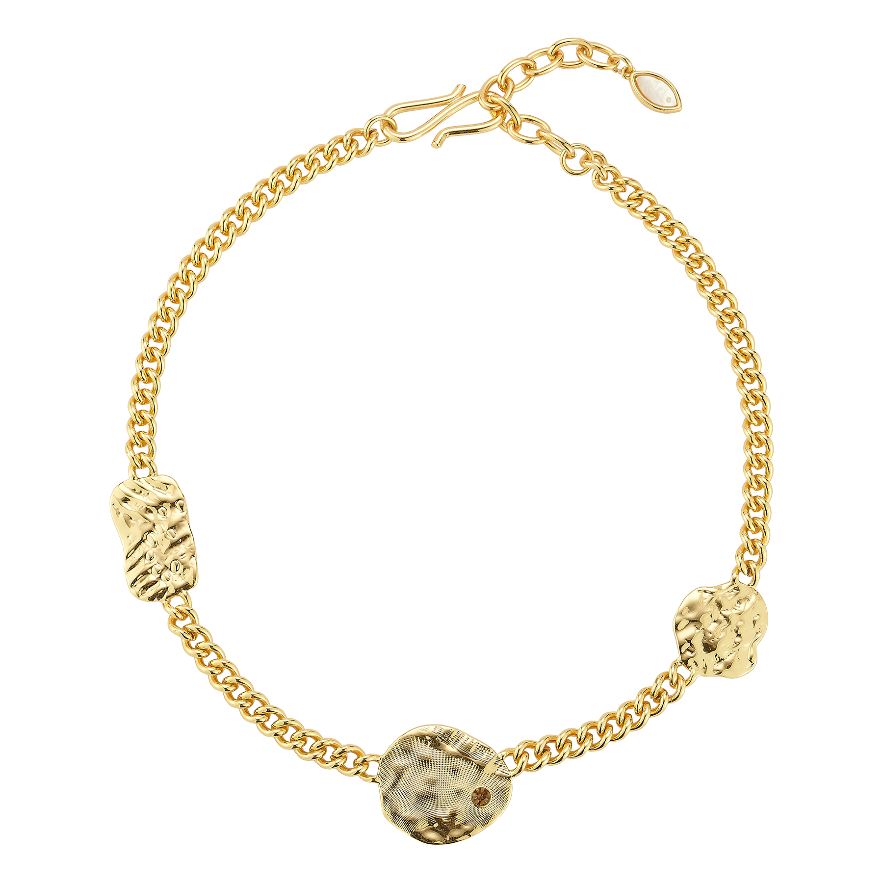 Gold chain bracelet with textured links on a white background