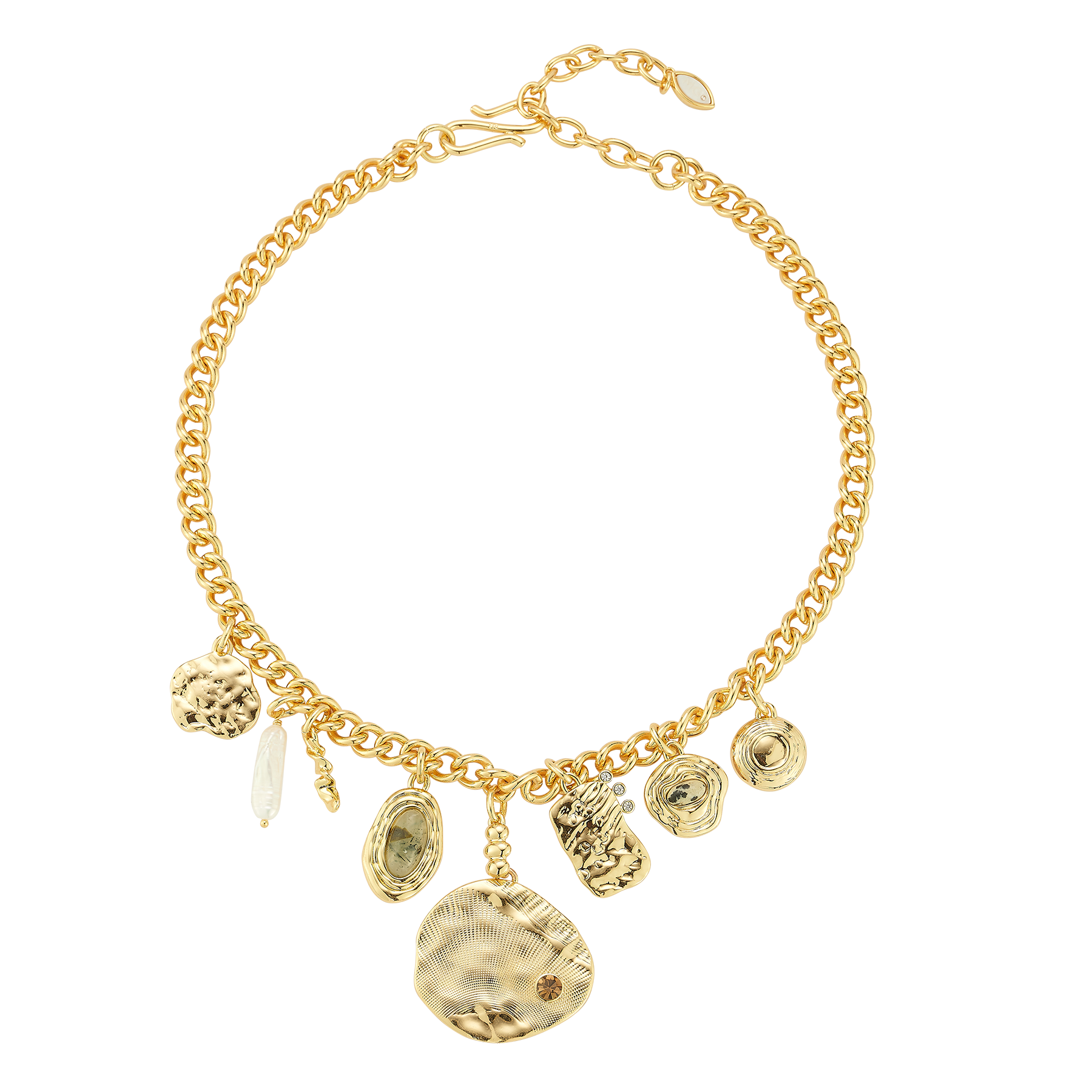 Gold bracelet with various charms on a white background