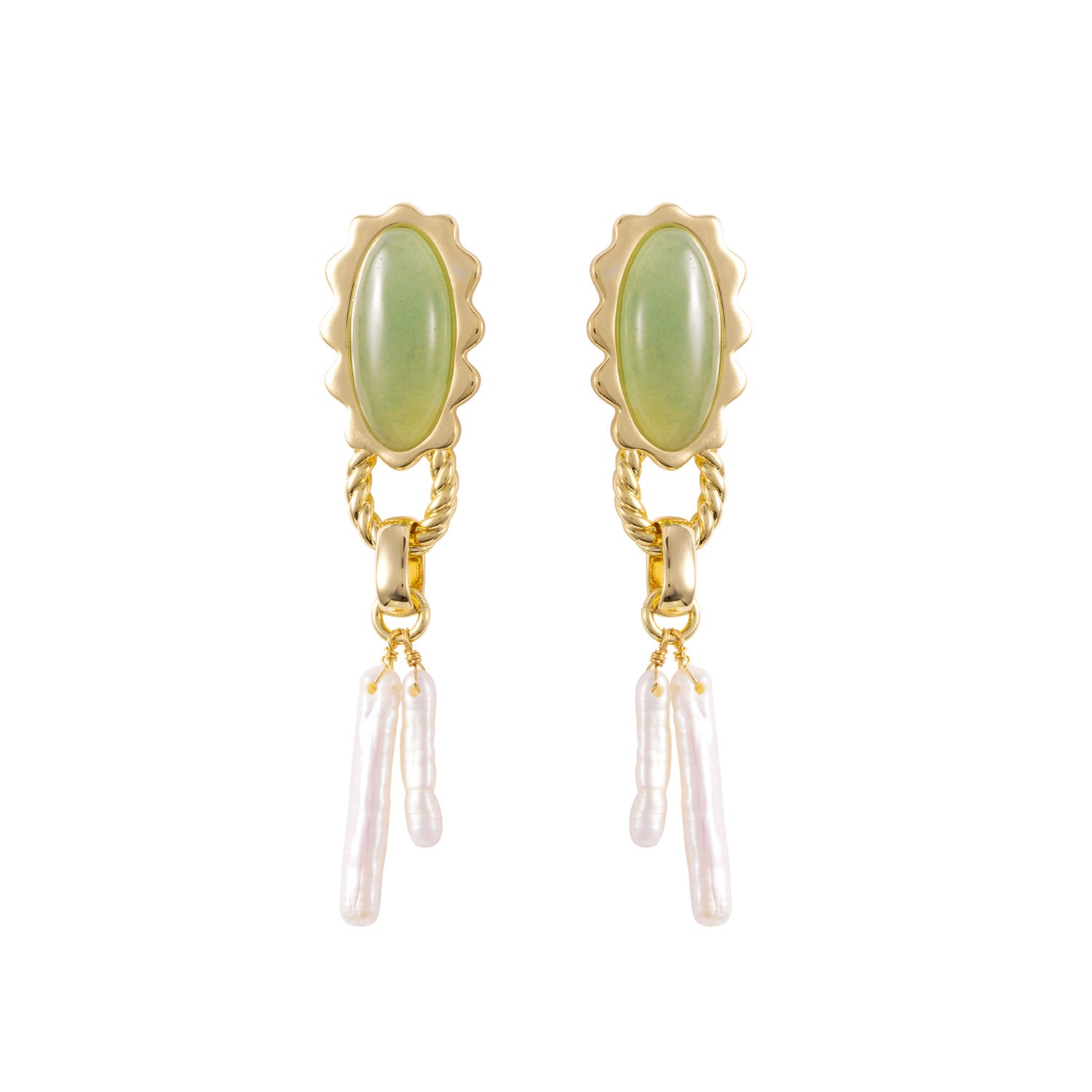 Gold earrings with green gemstones and pearl drops on a white background