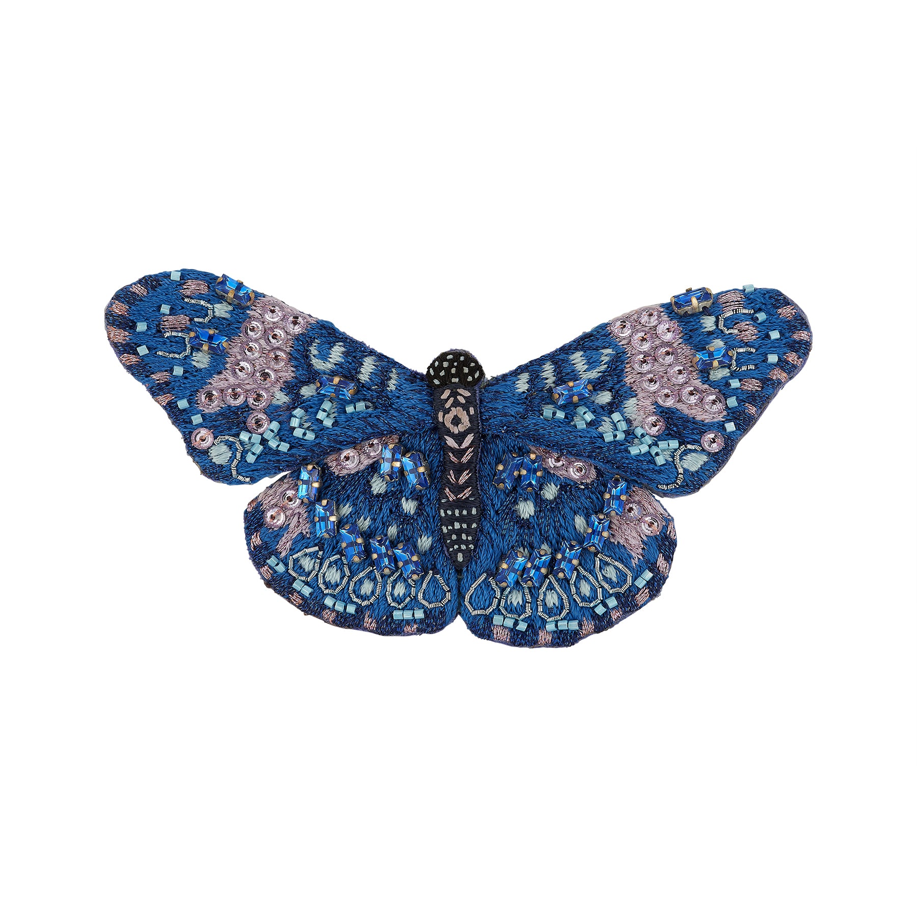 Decorative butterfly with blue and pink patterns on a white background