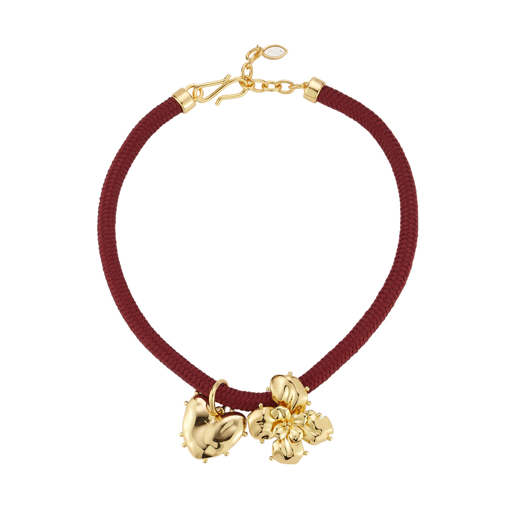 Red Cord Necklace with Gold Flower and Heart Charms on Flat White Background