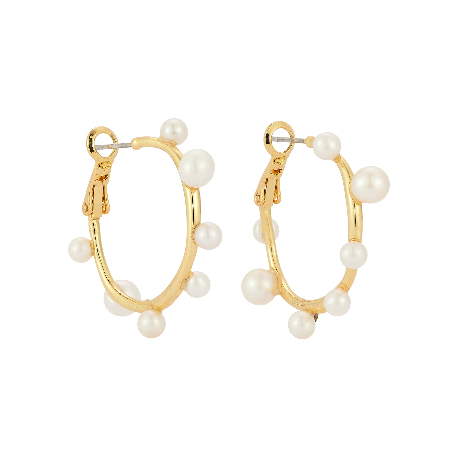 Small Gold and Pearl Hoop Earrings on White Background