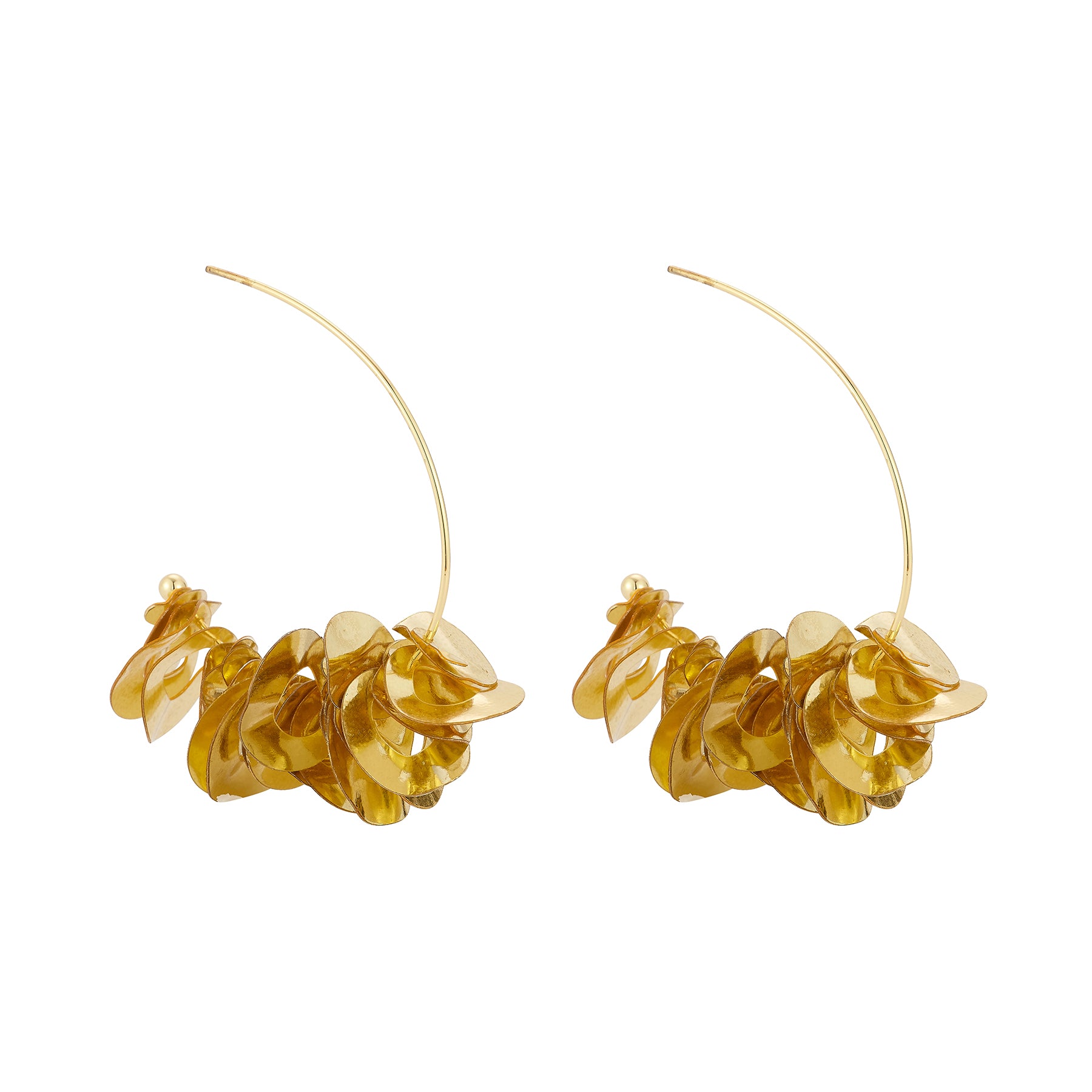 Pair of gold hoop earrings with leaf-like attachments on a white background