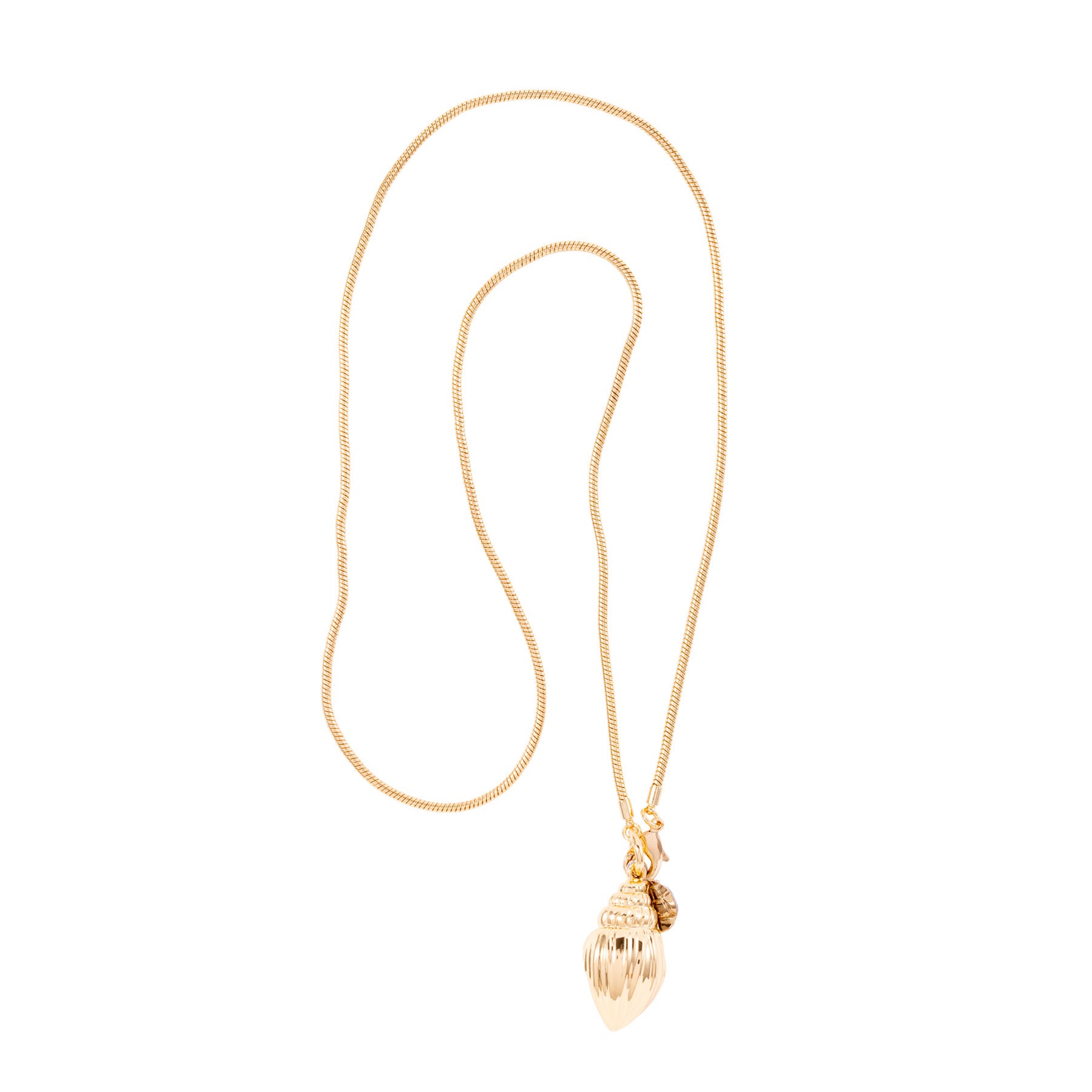 Long gold chain necklace with shell shaped pendant on white background