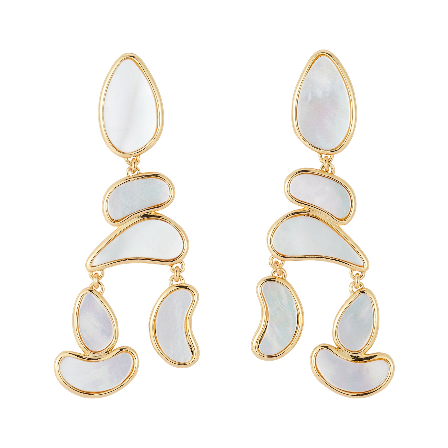 Mother of Pearl and Gold Drop Earrings on Flat White Background