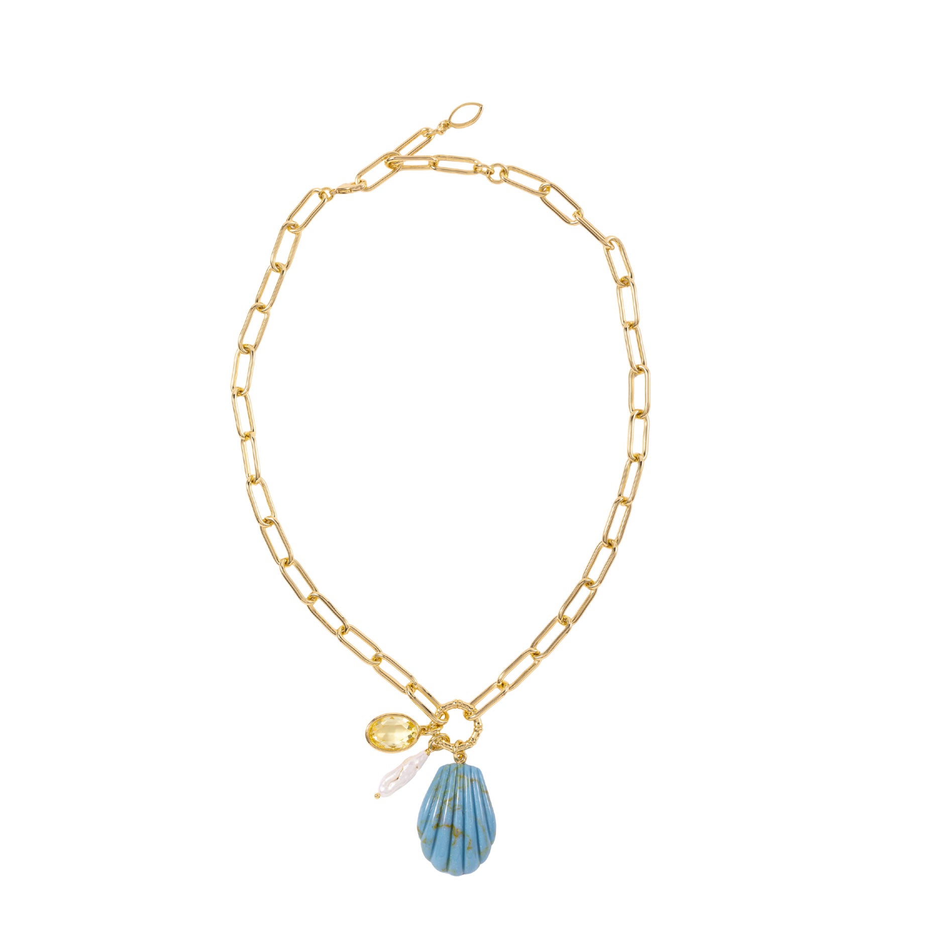 Tuquoise Shell Pendant on gold chain on white background