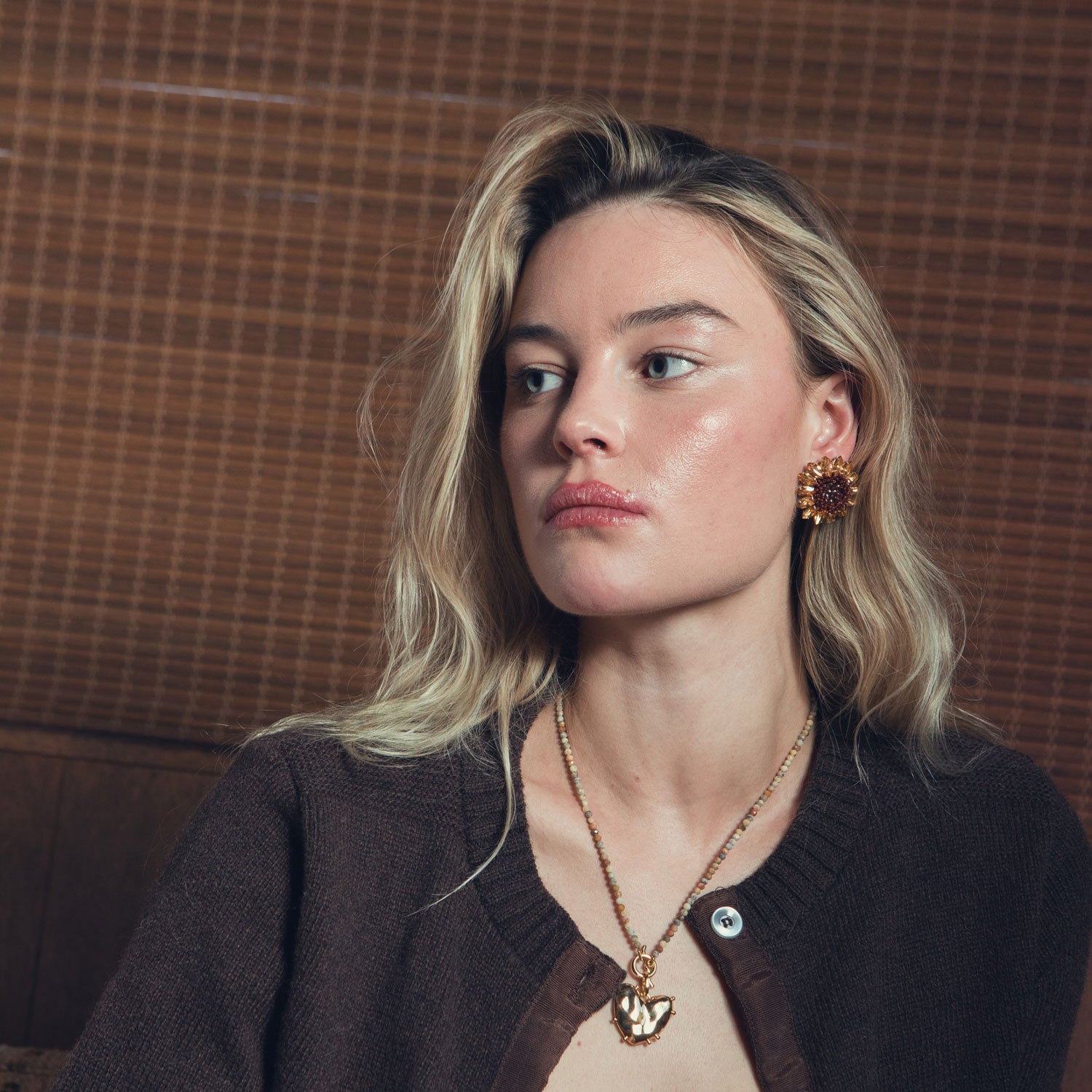 Stone Beaded Gold Heart Pendant Necklace Styled on Model