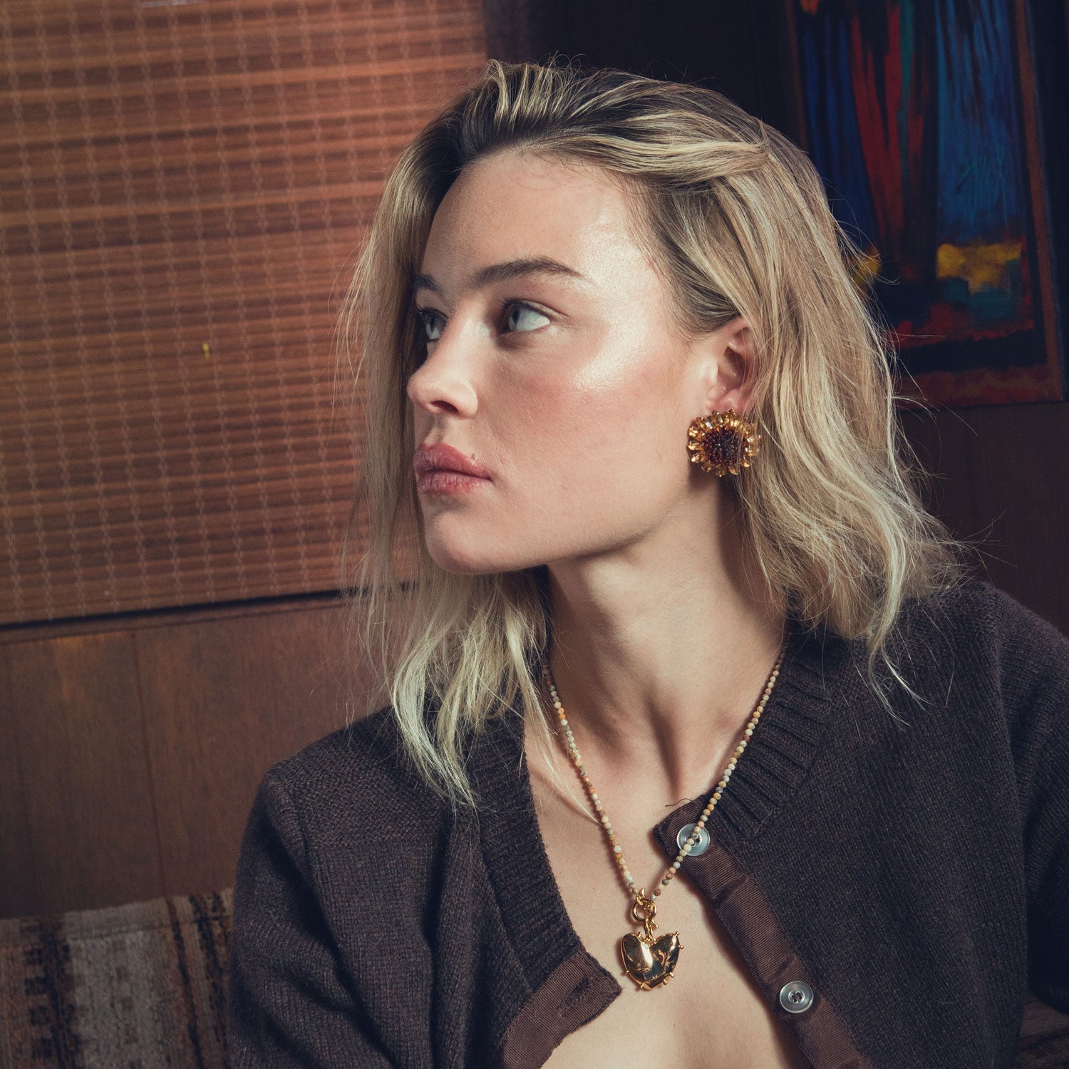 Stone Beaded Gold Heart Pendant Necklace Styled on Model