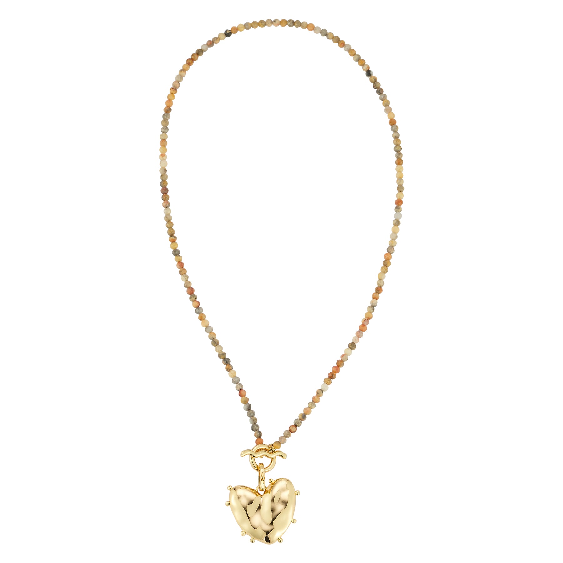 Stone Beaded Gold Heart Pendant Necklace on Flat White Background