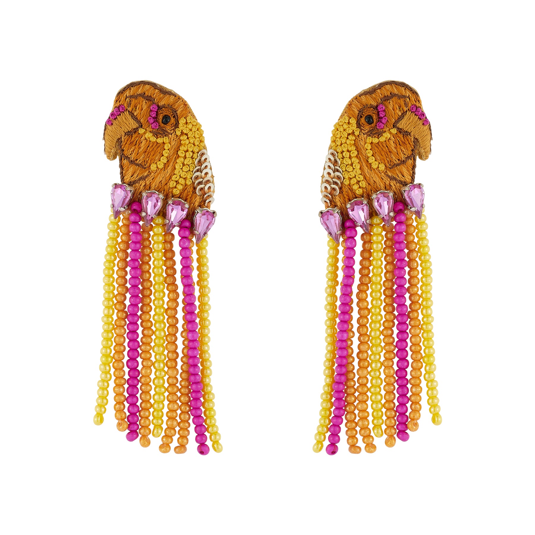 Orange, Pink, and Yellow Bead and Crystal Bird Fringe Drop Earrings on Flat White Background