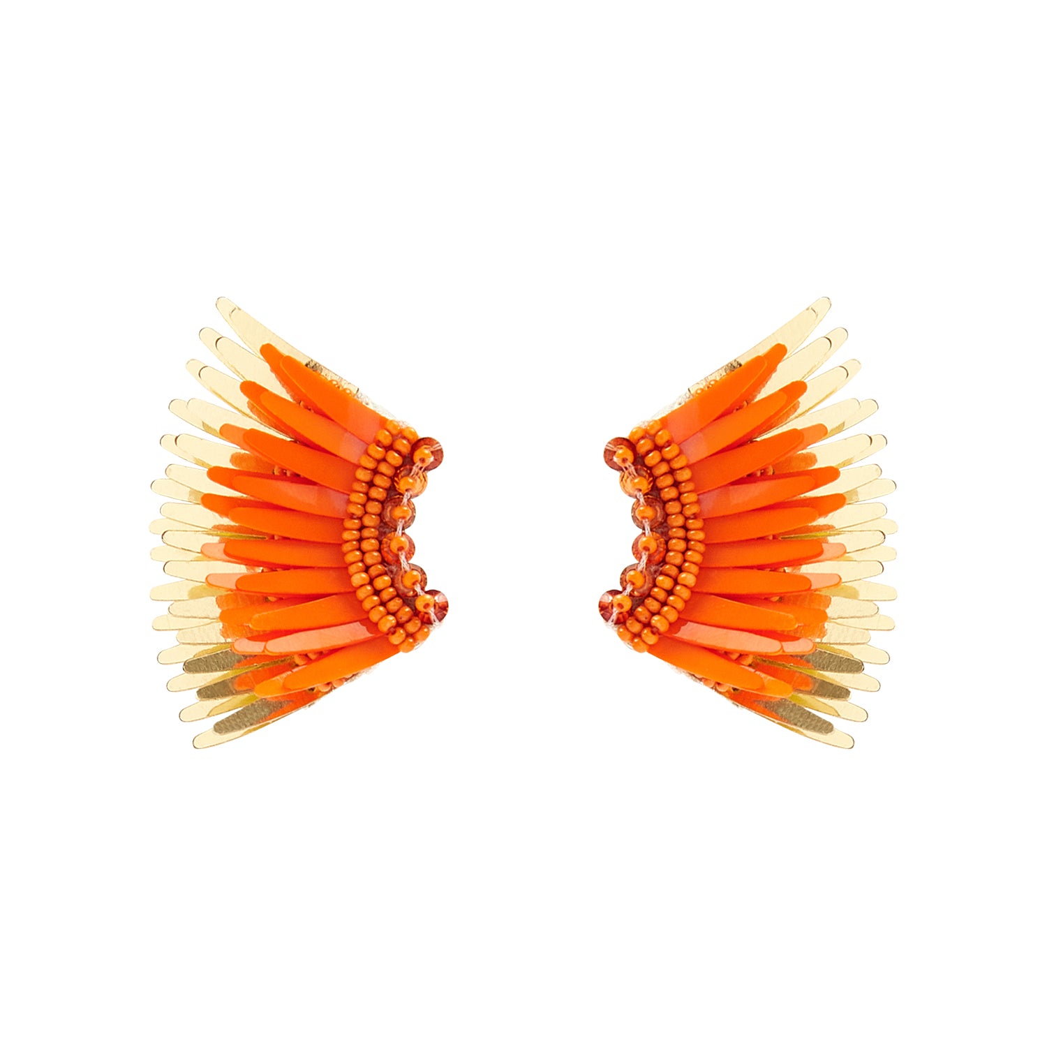 Orange and Gold Sequin and Bead Wing Stud Earrings on Flat White Background