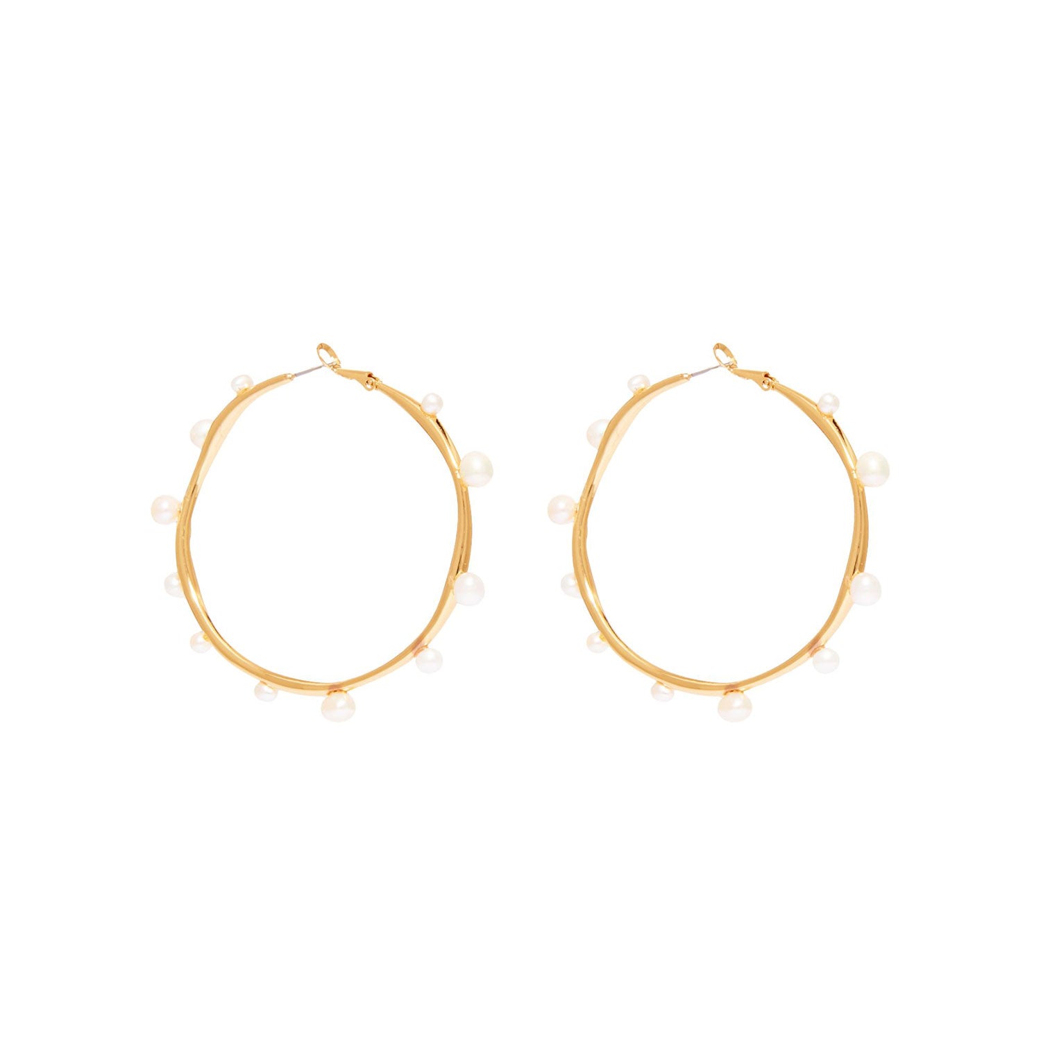 Organic Shaped Gold and Pearl Hoop Earrings On Flat White Background