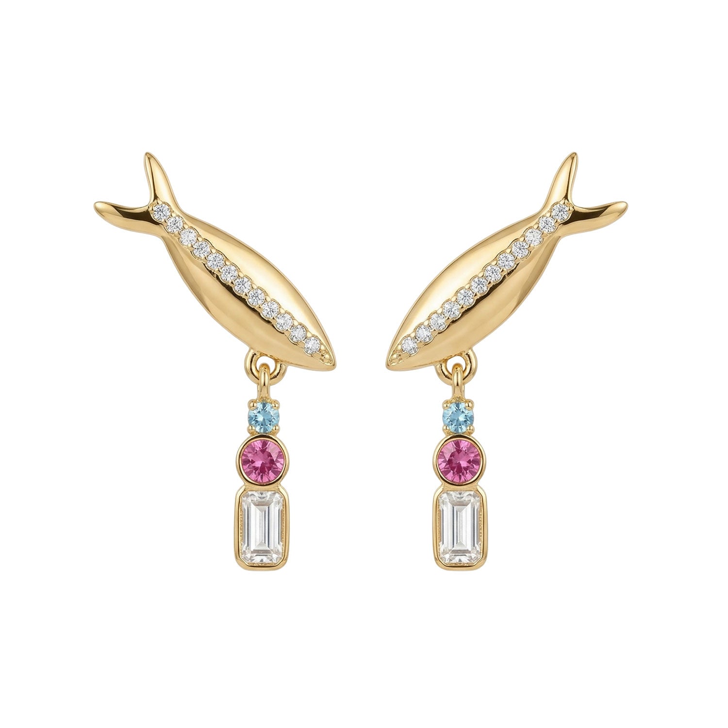 Gold fish-shaped earring studs with crystal drops against white background
