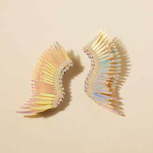 Sequin and Beaded Peachy Yellow Reflective Wing Earrings on Flat Cream Background