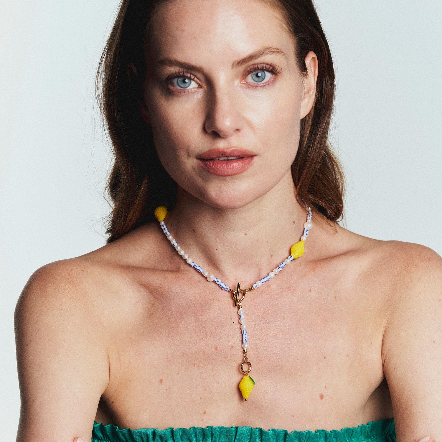 Pearl, Blue and White Bead, and Yellow Lemon Bead Strand Necklace Styled on Model