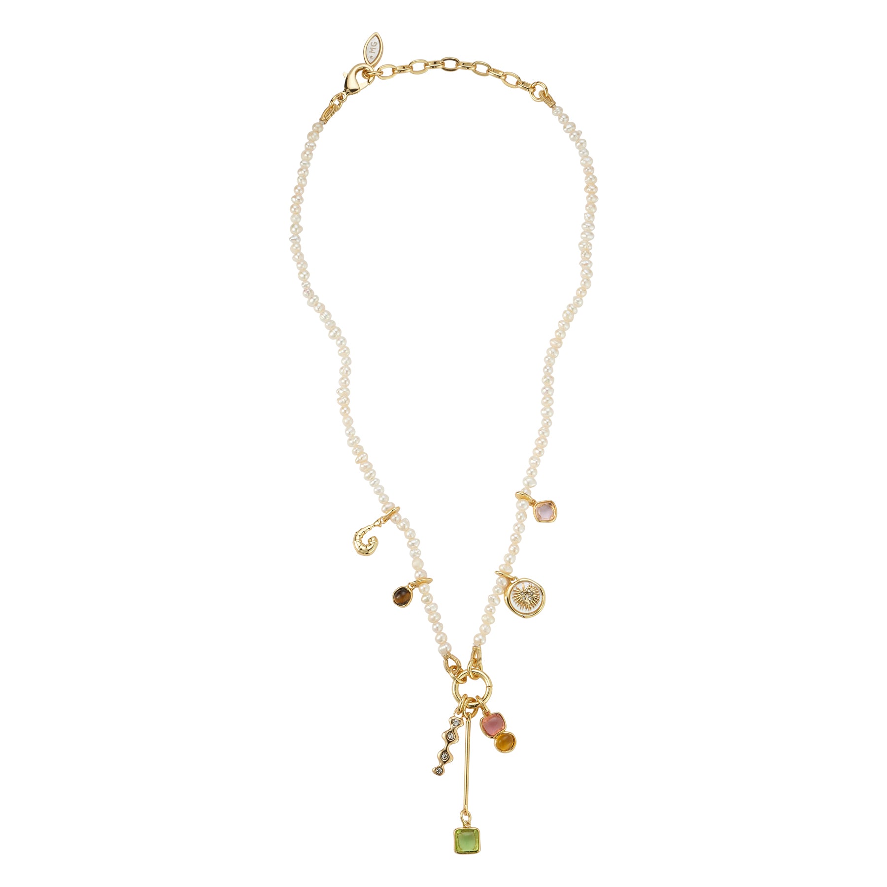 Pearl and Charm Necklace on Flat White Background