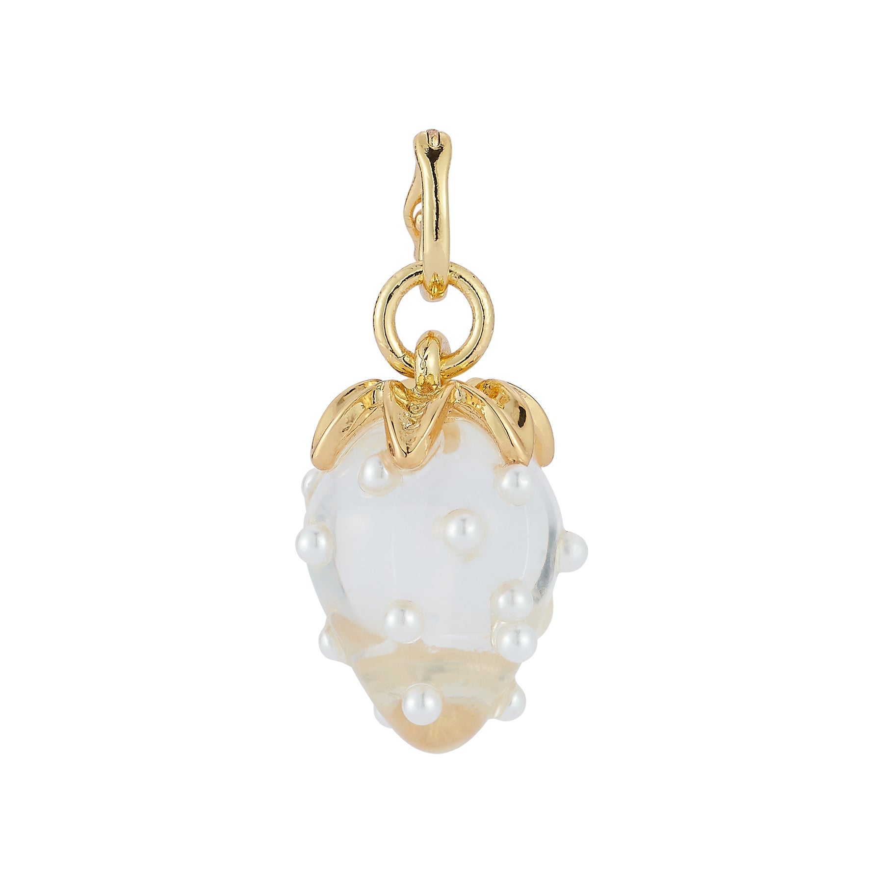 Clear and Pearl Strawberry Charm on Flat White Background
