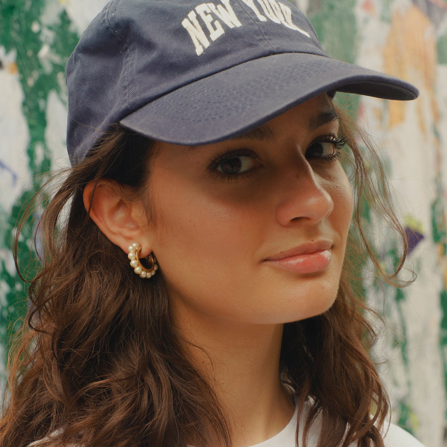 Pearl and Gold Hoop Earrings Styled on Model
