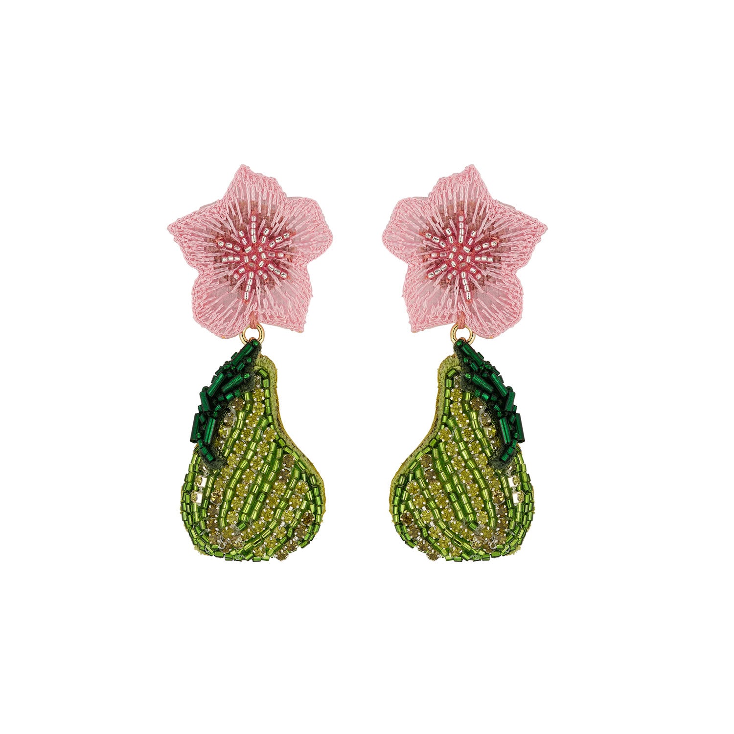 Green pear with pink floral topper earrings made of beads on white background