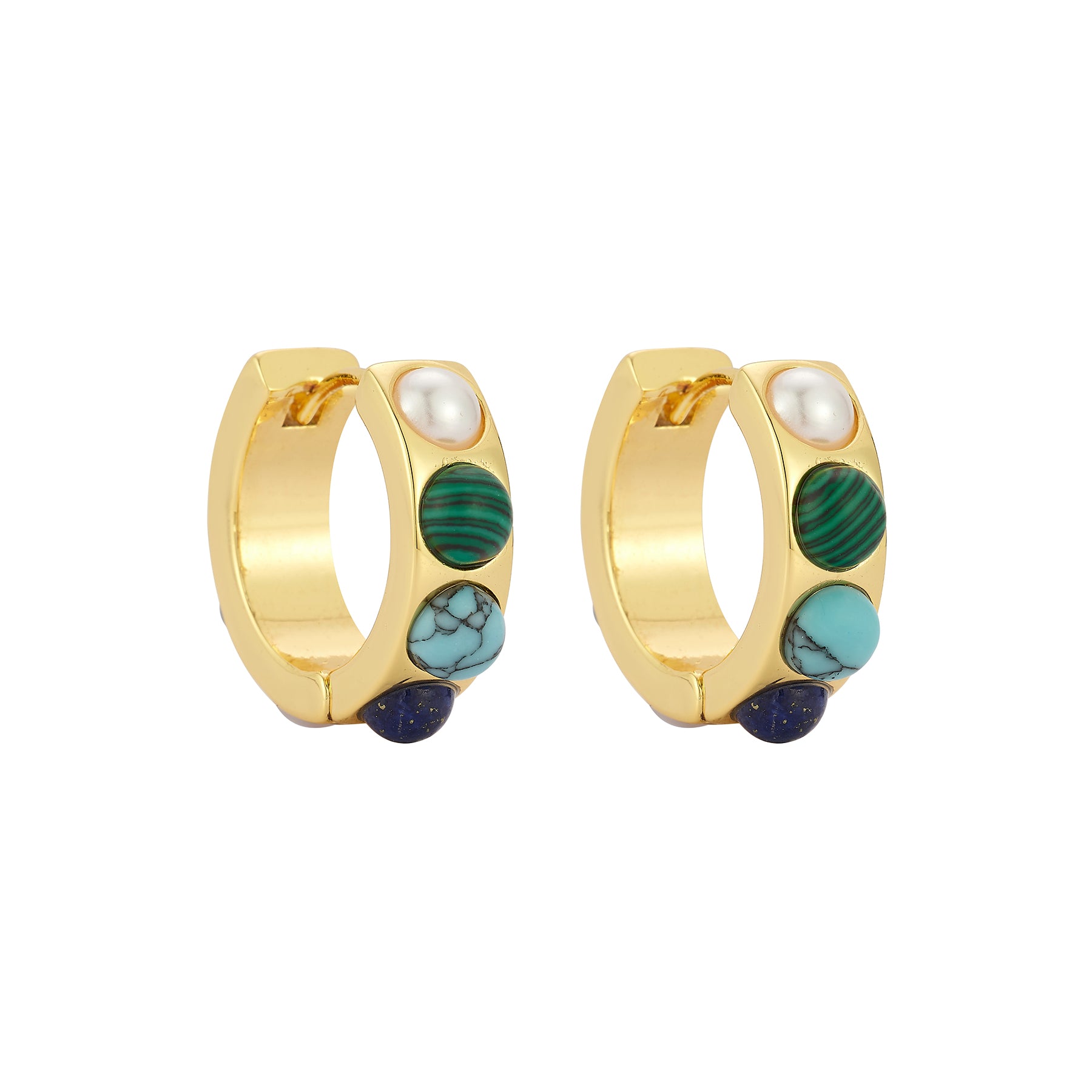 Gold hoop earrings with gemstone accents on a white background