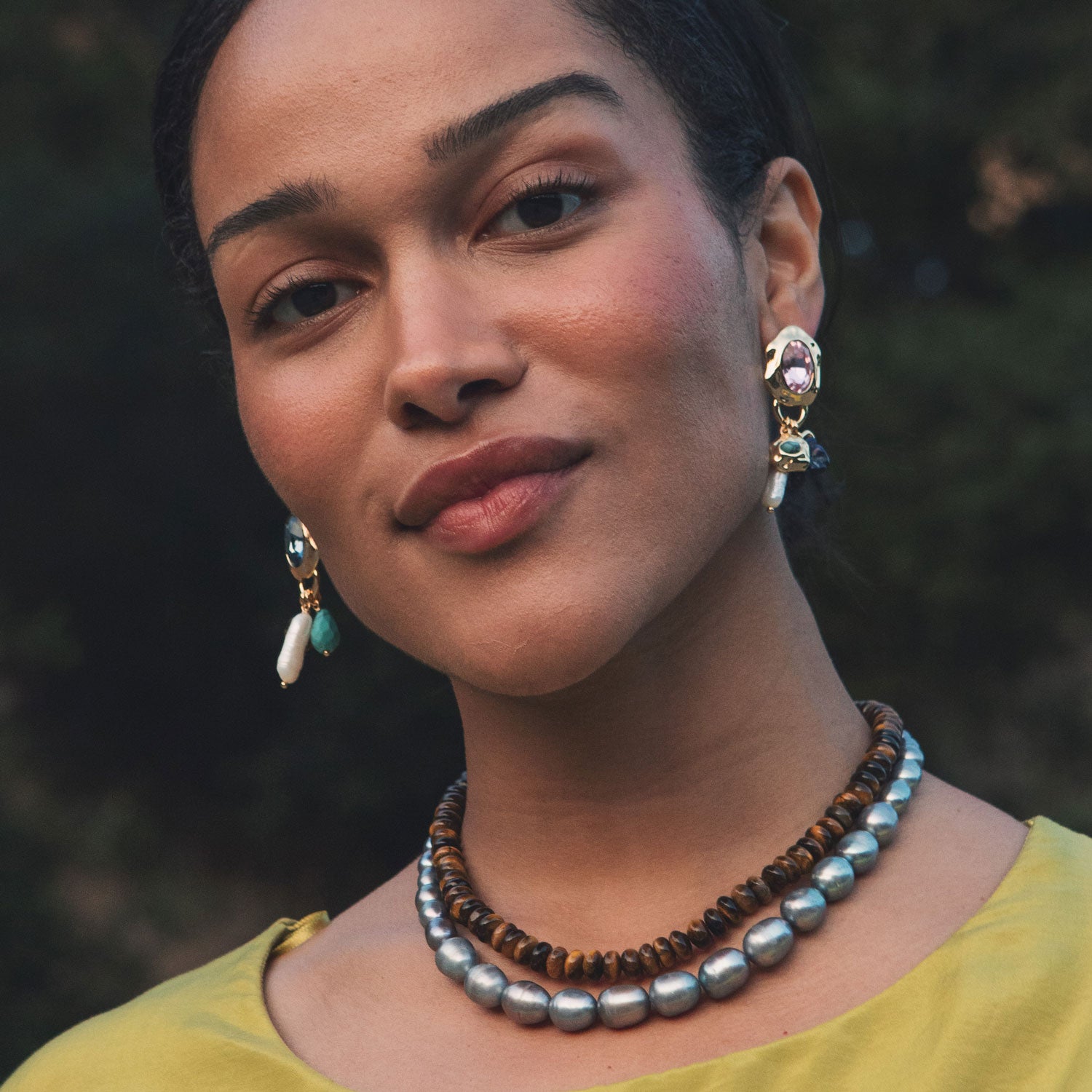 Gold, Pink and Blue Crystal Charm Drop Earrings Styled on Model