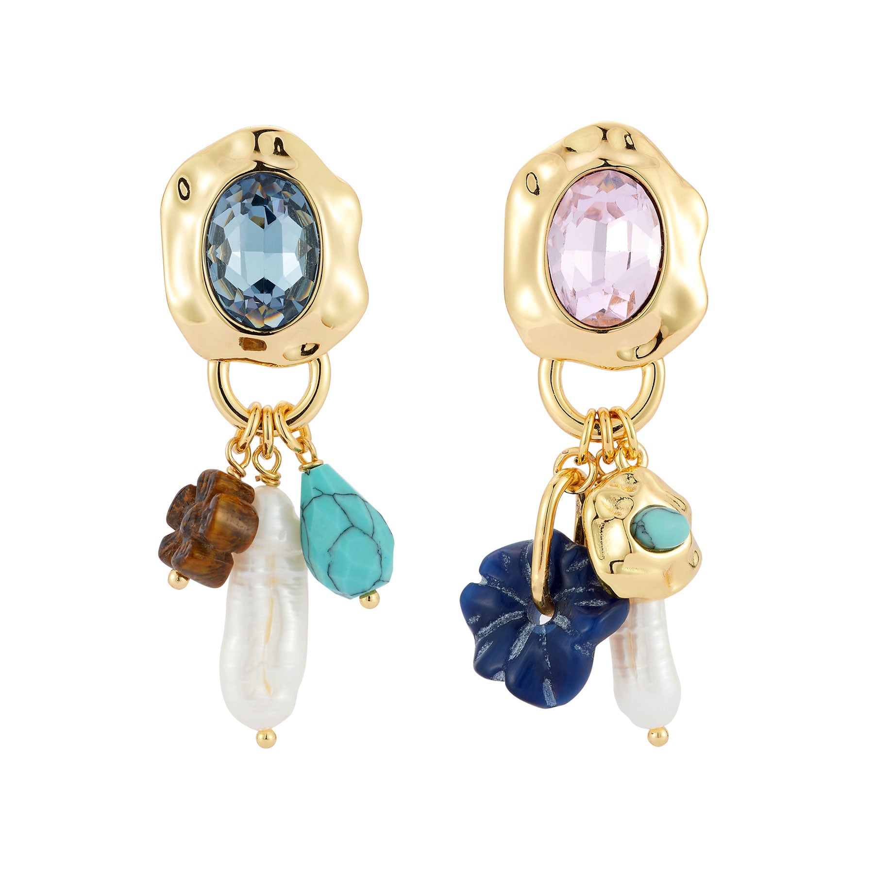 Gold, Pink and Blue Crystal Charm Drop Earrings on Flat White Background