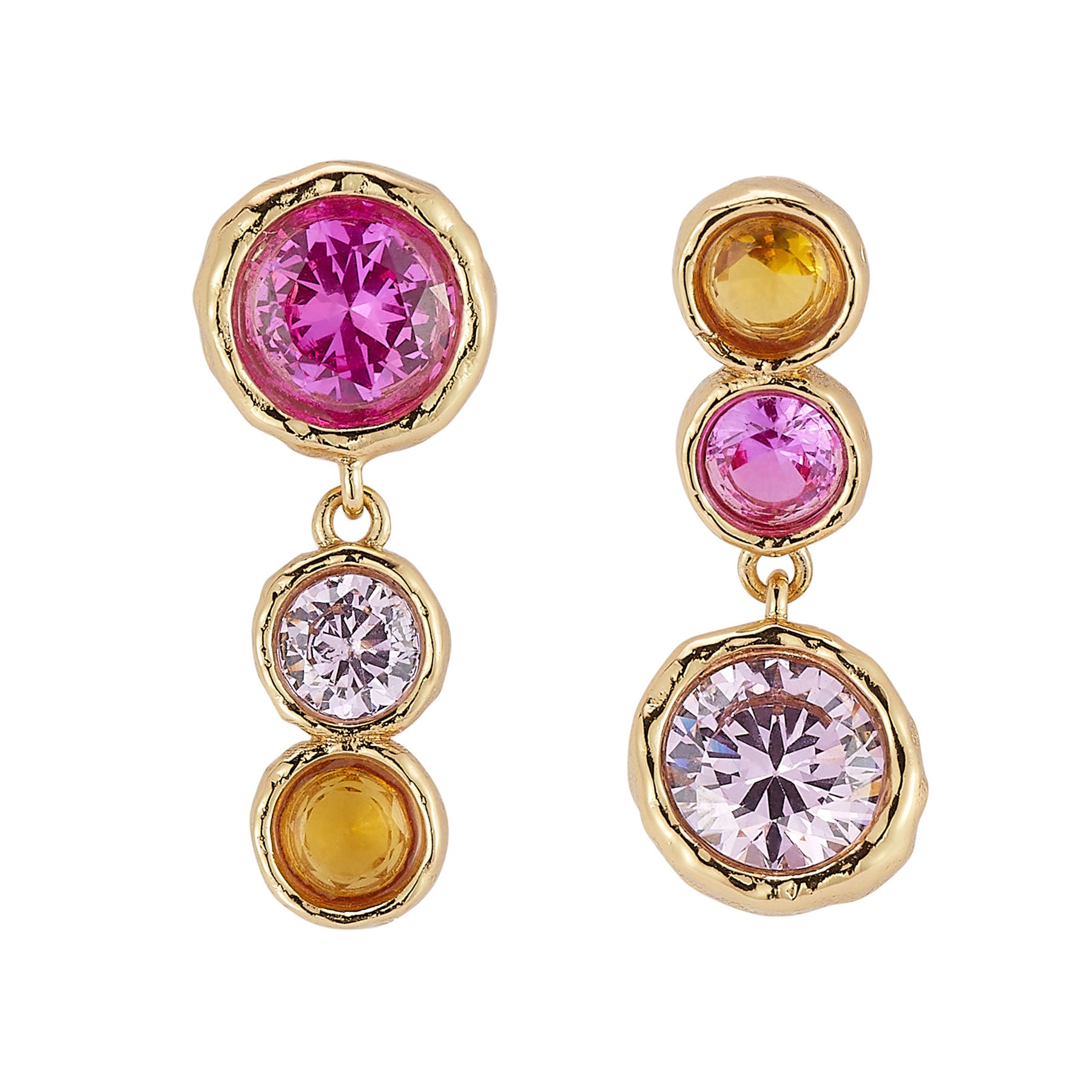 Gold earrings with pink and yellow gemstones on a white background